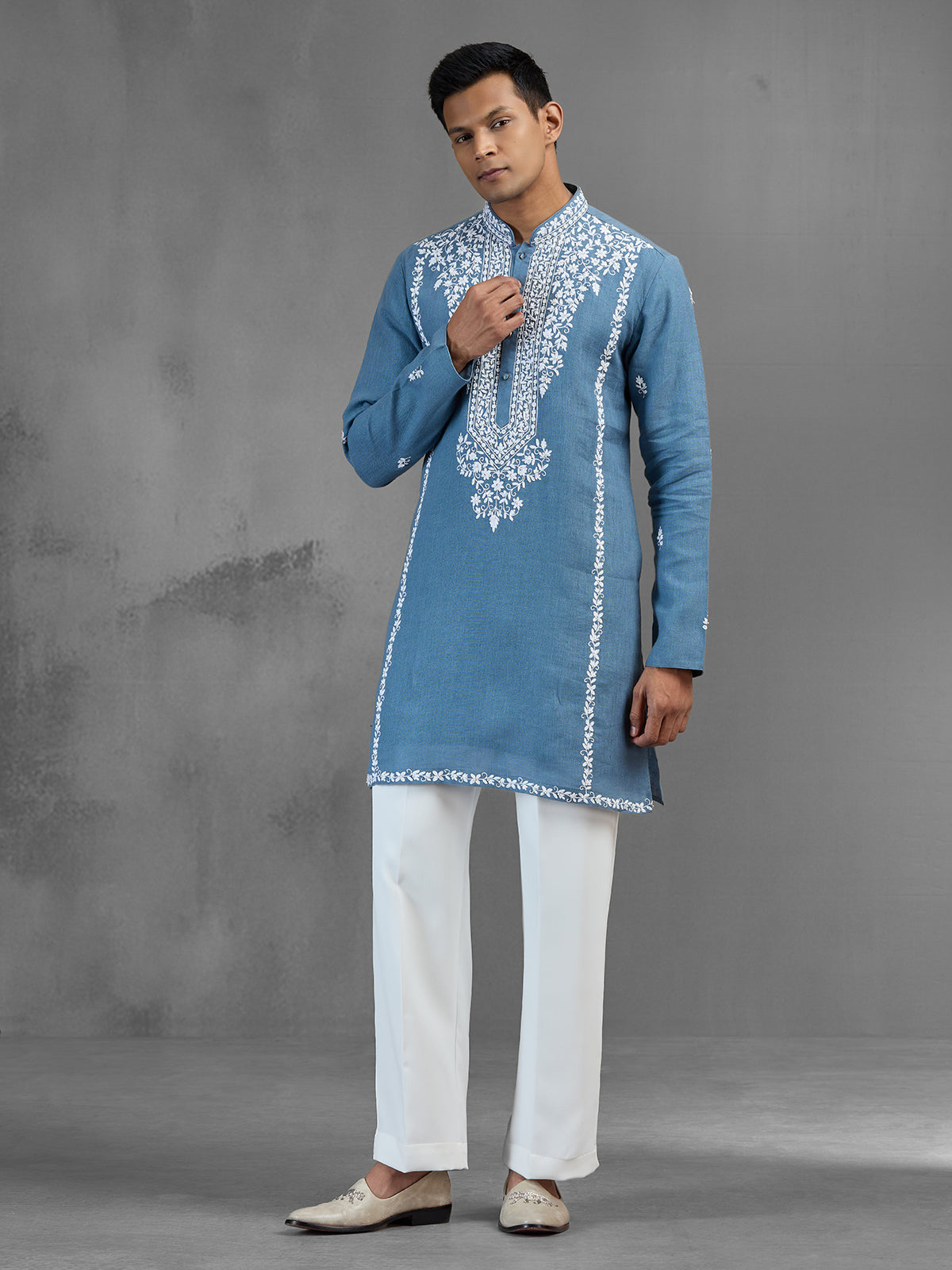 Blue linen festive shimmer designer kurta pajama look