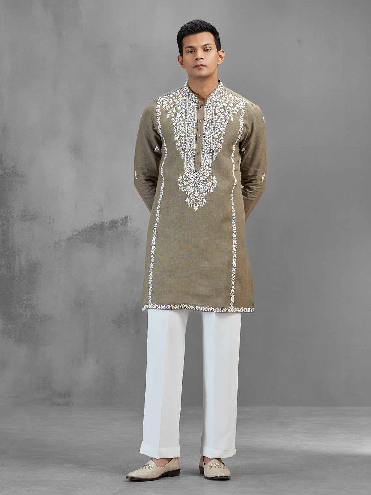 Light olive linen minimal glam wedding kurta set