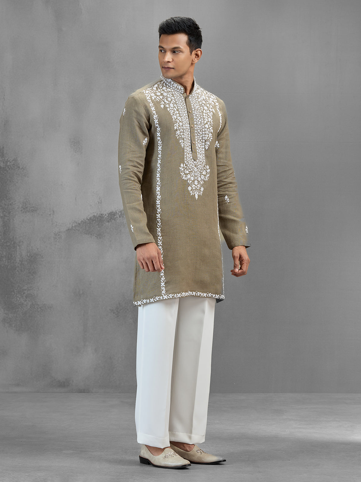 Light olive linen minimal glam wedding kurta set