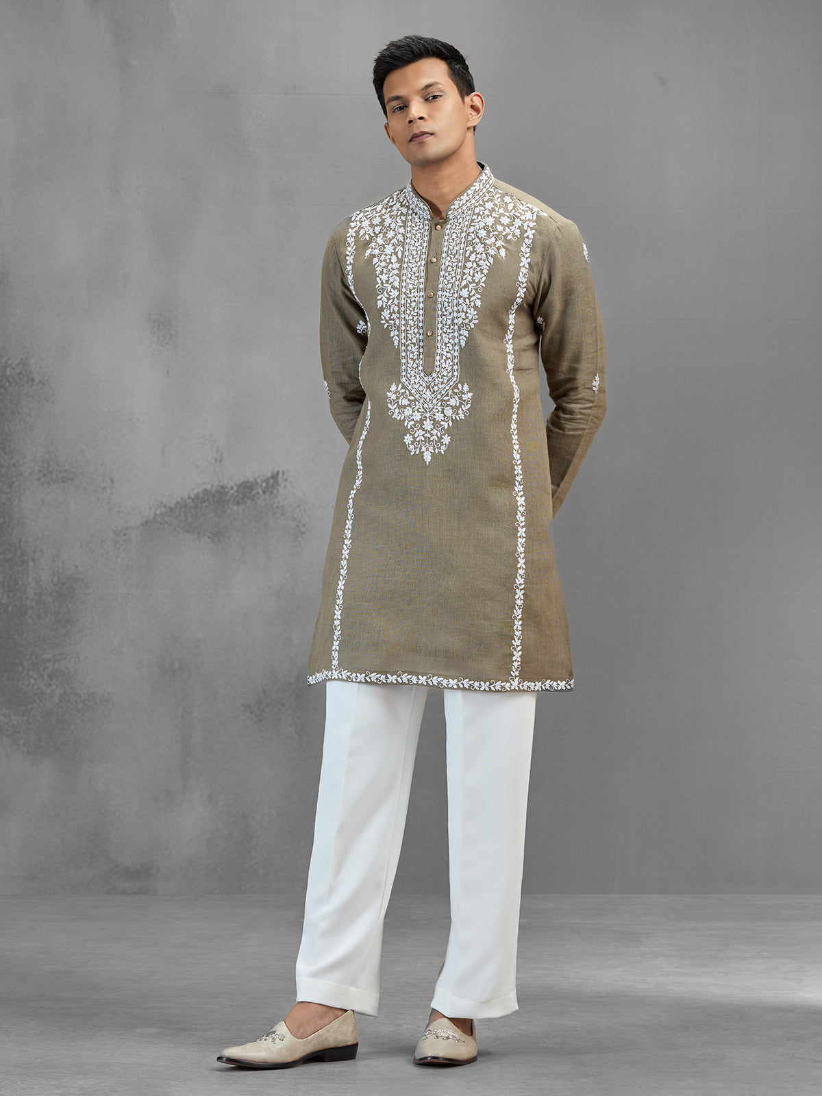 Light olive linen minimal glam wedding kurta set
