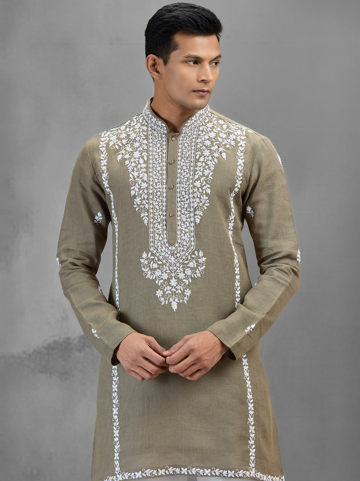 Light olive linen minimal glam wedding kurta set