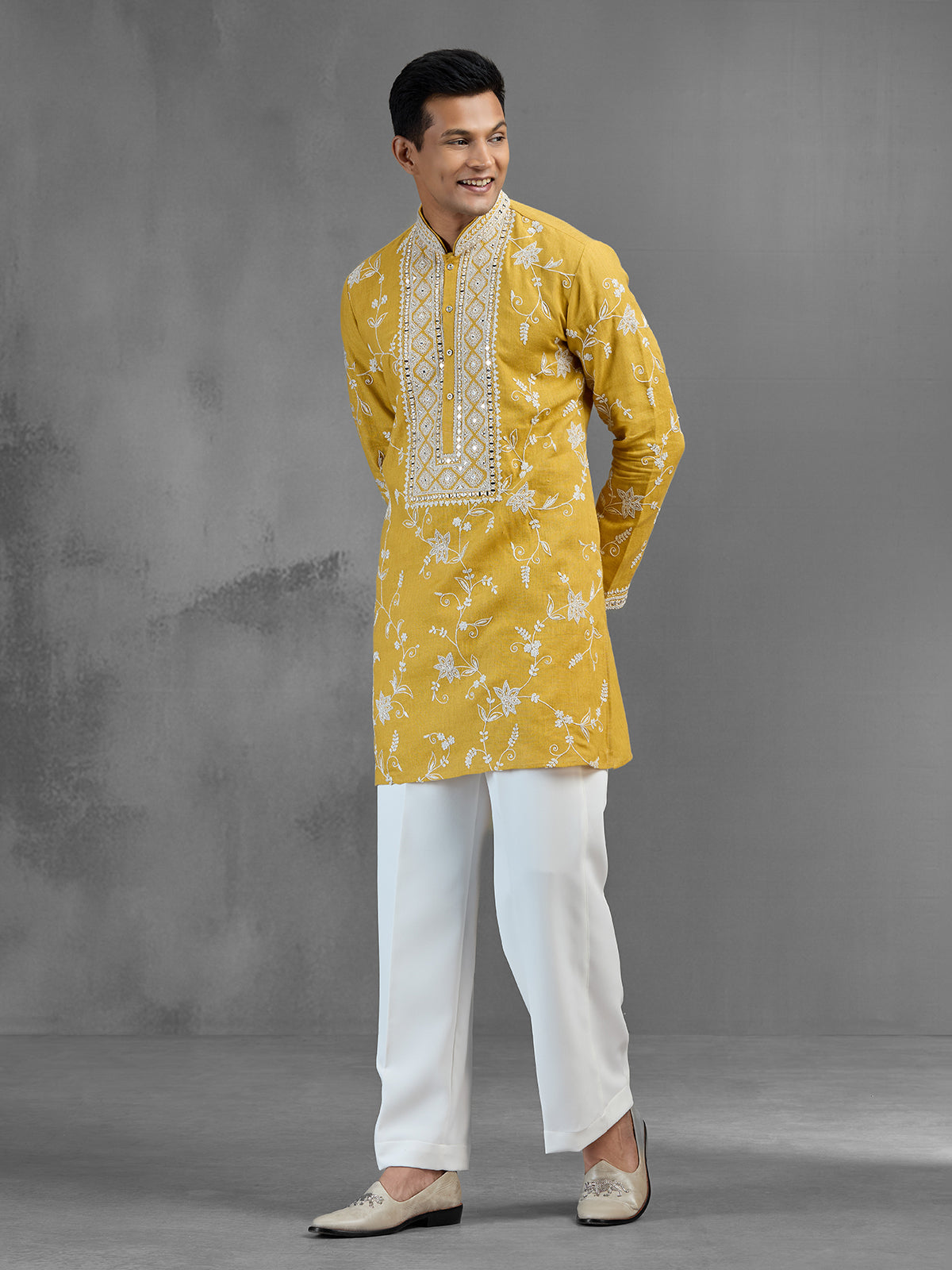 Mustard linen haldi special aabla work kurta pajama