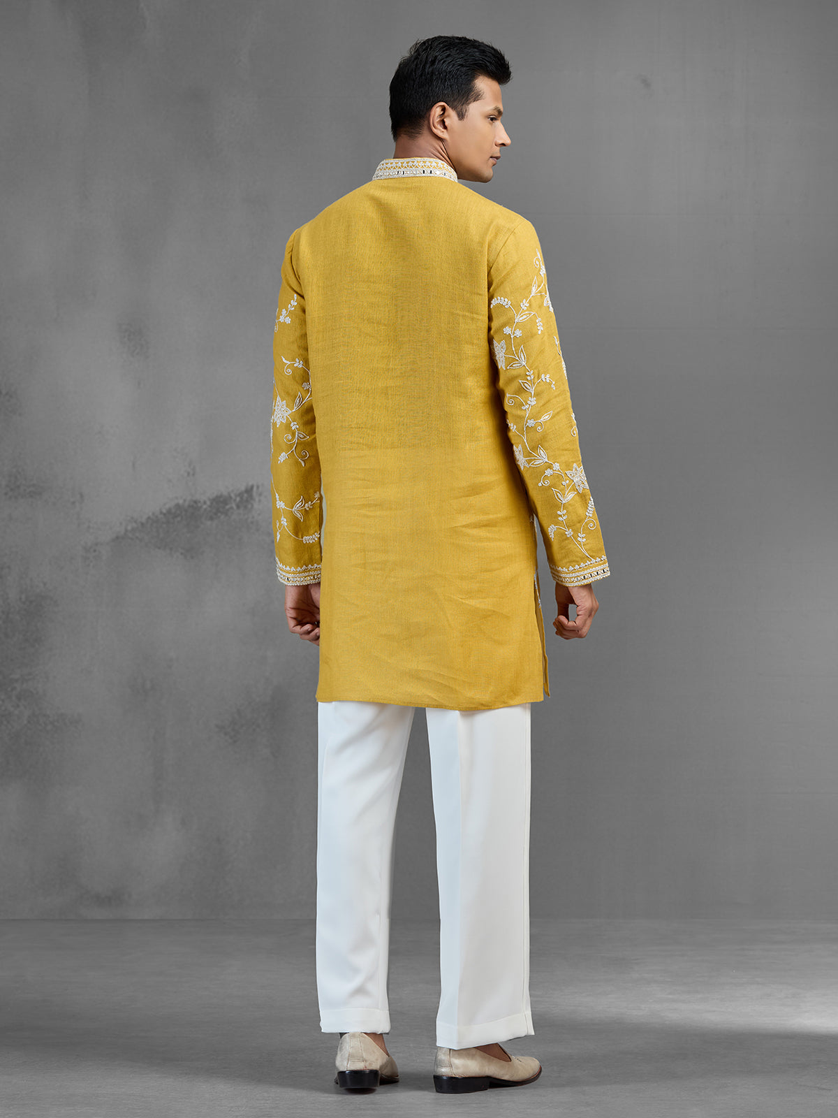 Mustard linen haldi special aabla work kurta pajama