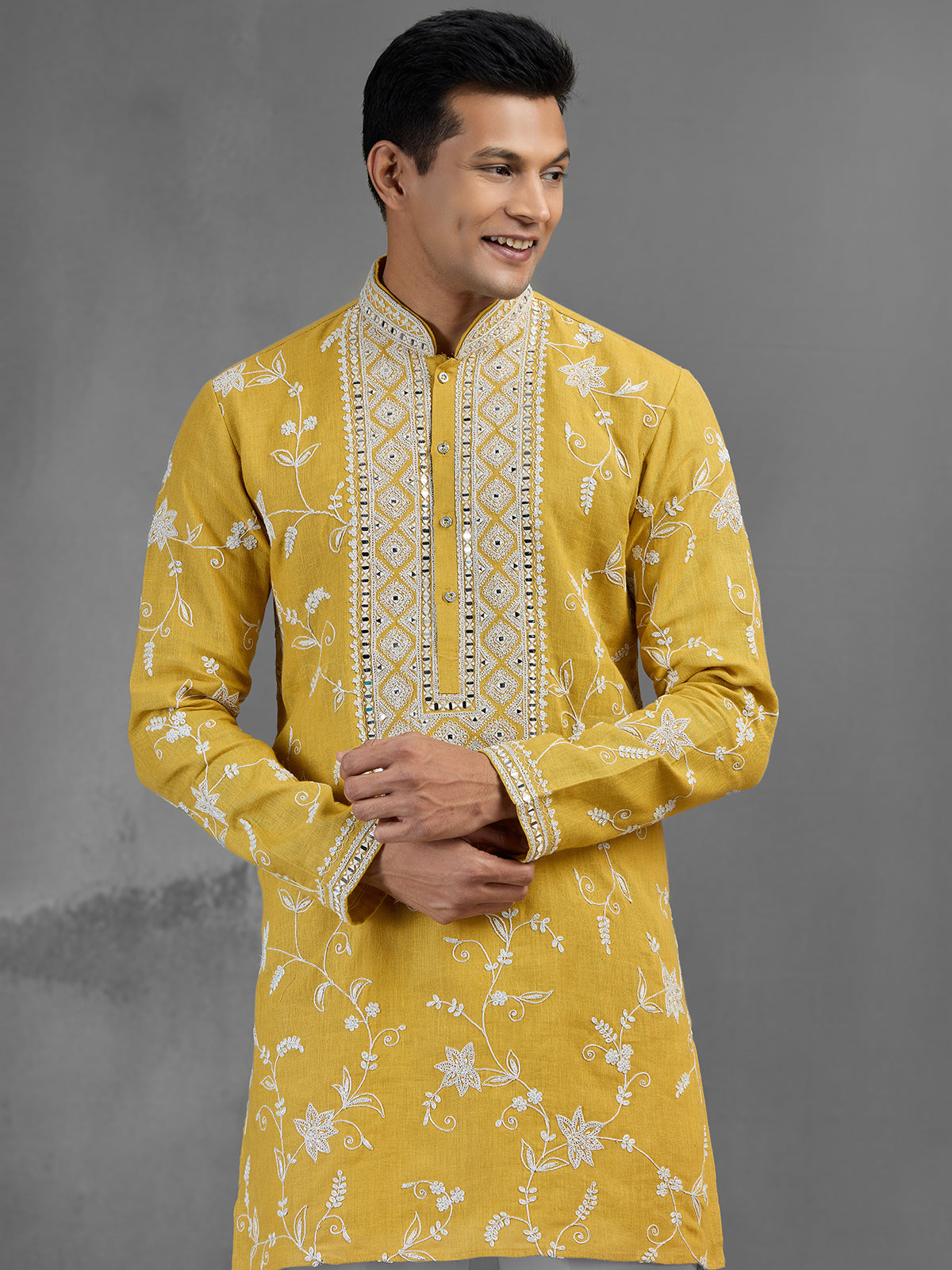 Mustard linen haldi special aabla work kurta pajama