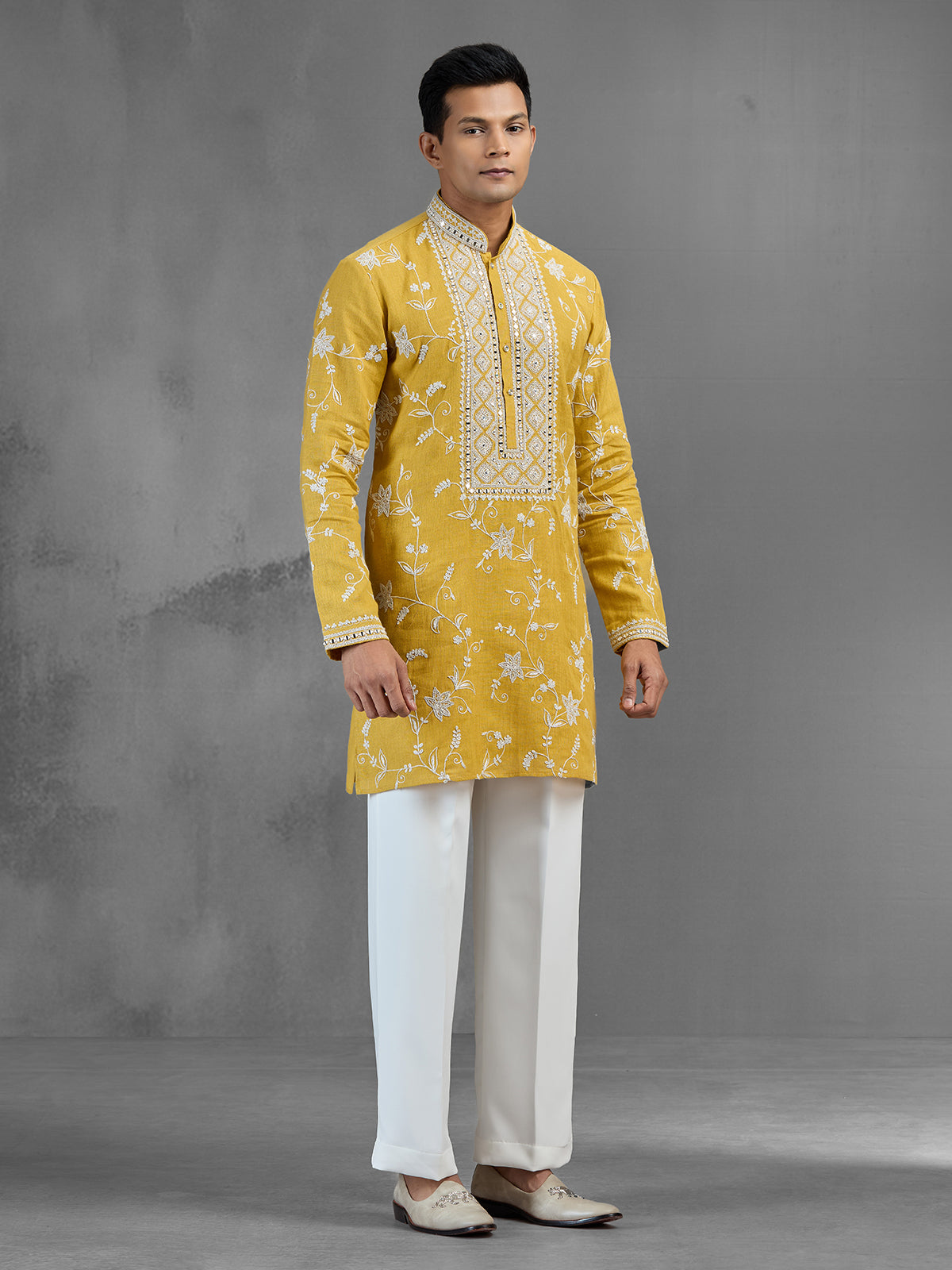 Mustard linen haldi special aabla work kurta pajama