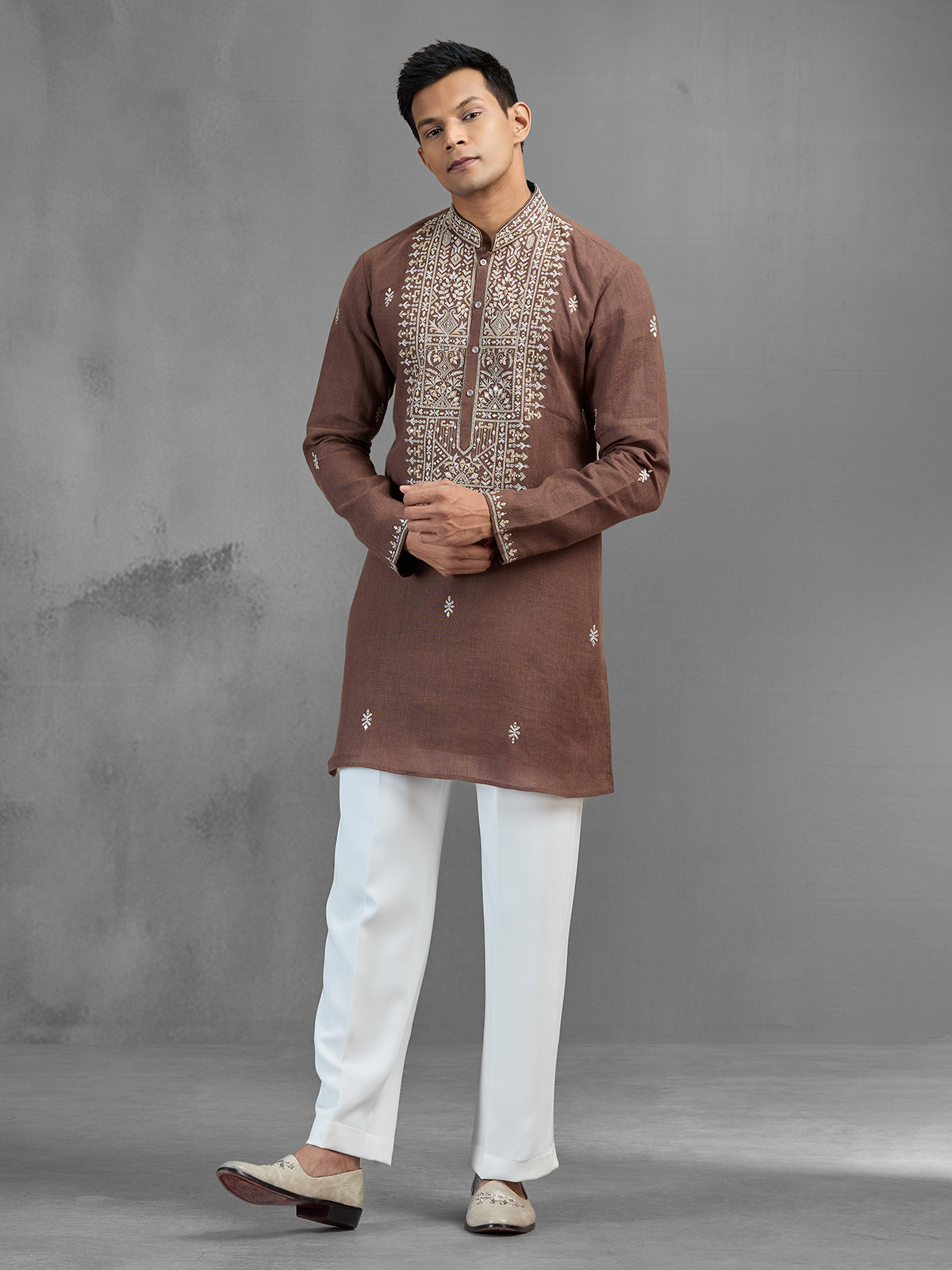 Brown linen intricate thread embroidered classic kurta pajama