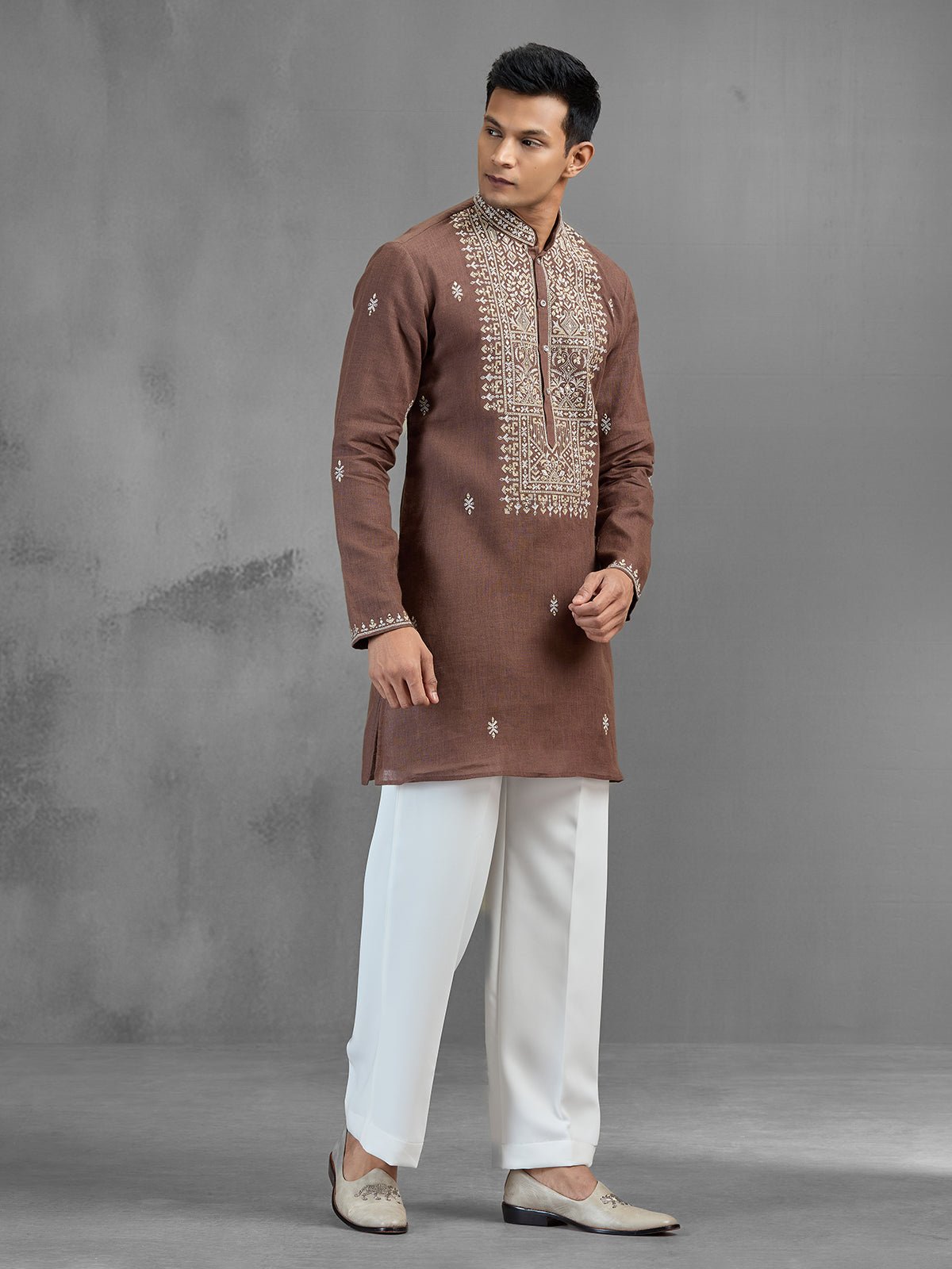 Brown linen intricate thread embroidered classic kurta pajama