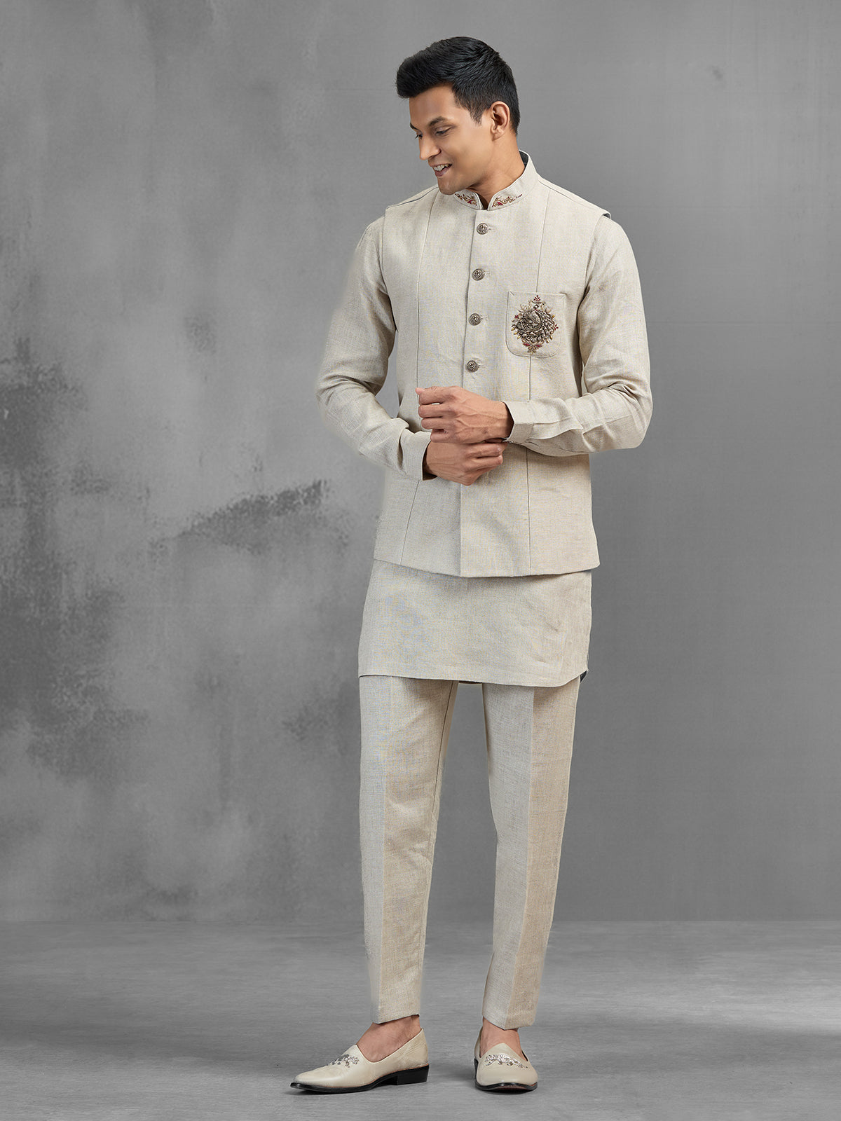 Beige linen peacock brooch embroidered festive waistcoat set