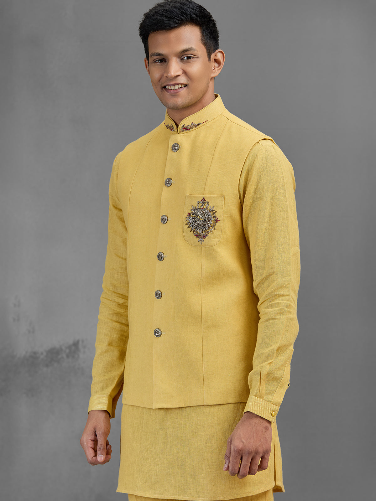 Yellow linen peacock brooch embroidered festive waistcoat set