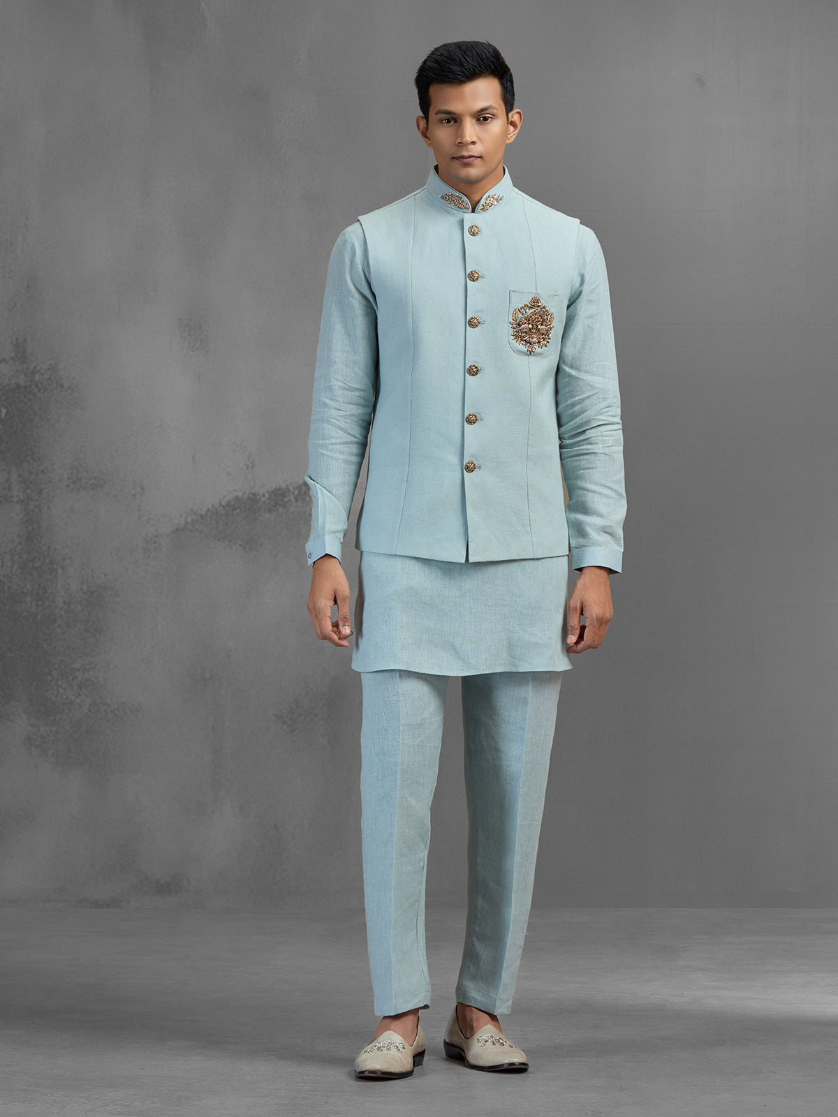 Sky blue linen dainty brooch embroidered waistcoat set