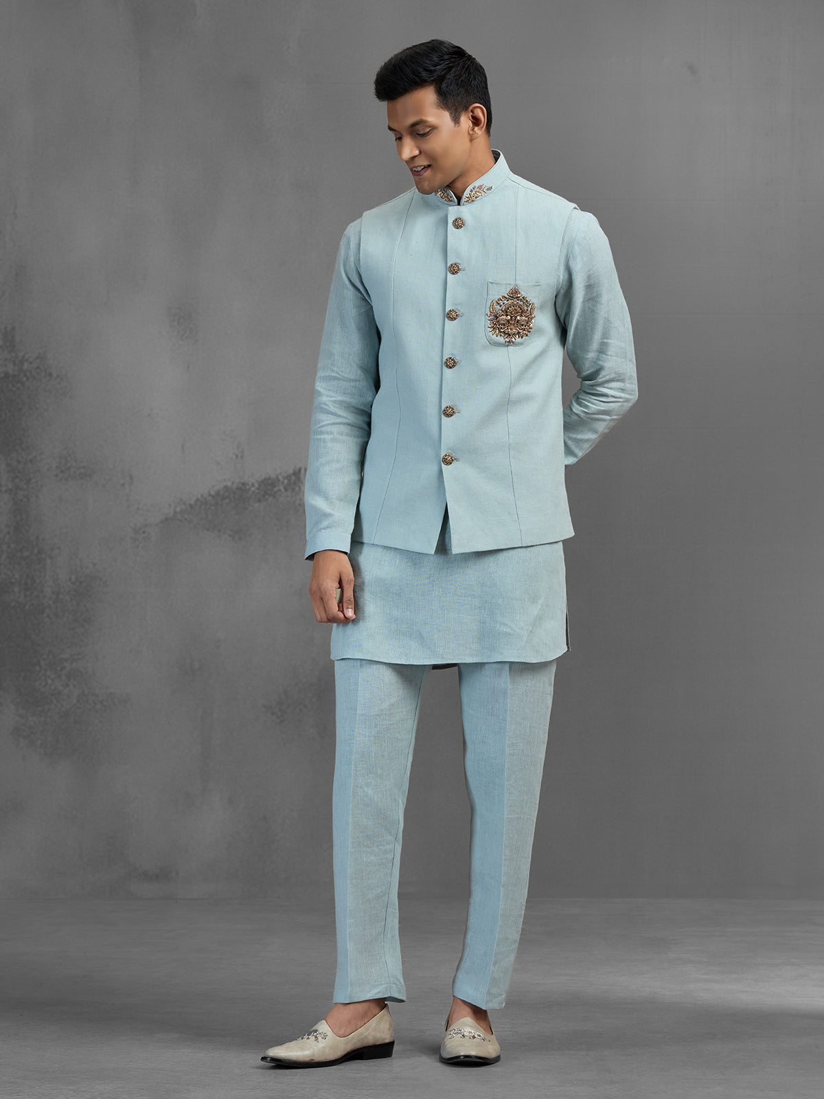 Sky blue linen dainty brooch embroidered waistcoat set