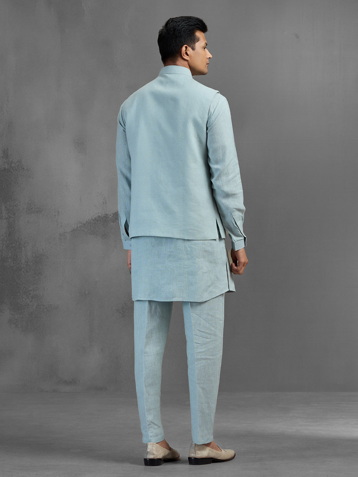 Sky blue linen dainty brooch embroidered waistcoat set