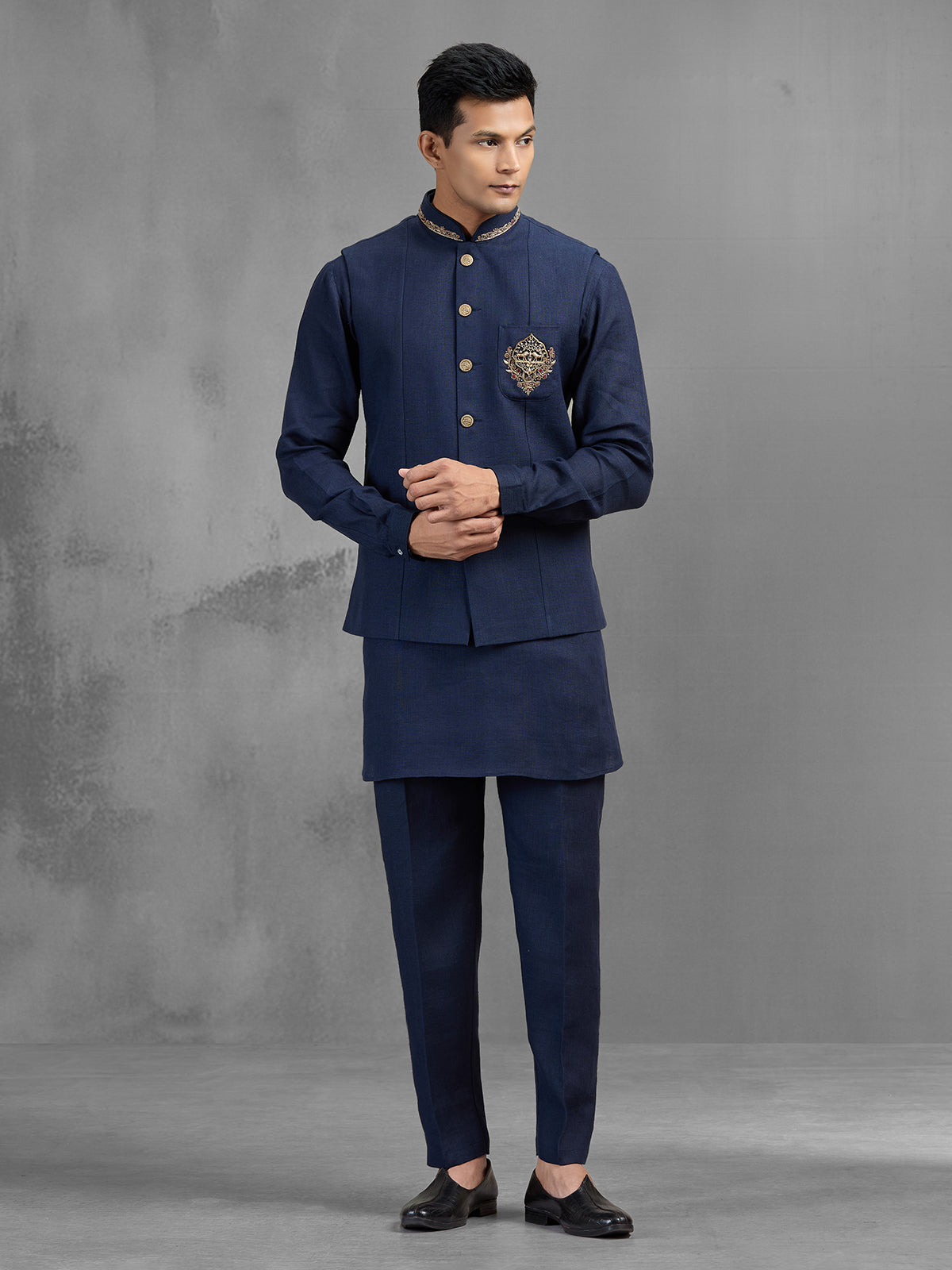 Navy blue linen crest motif embroidered waistcoat set