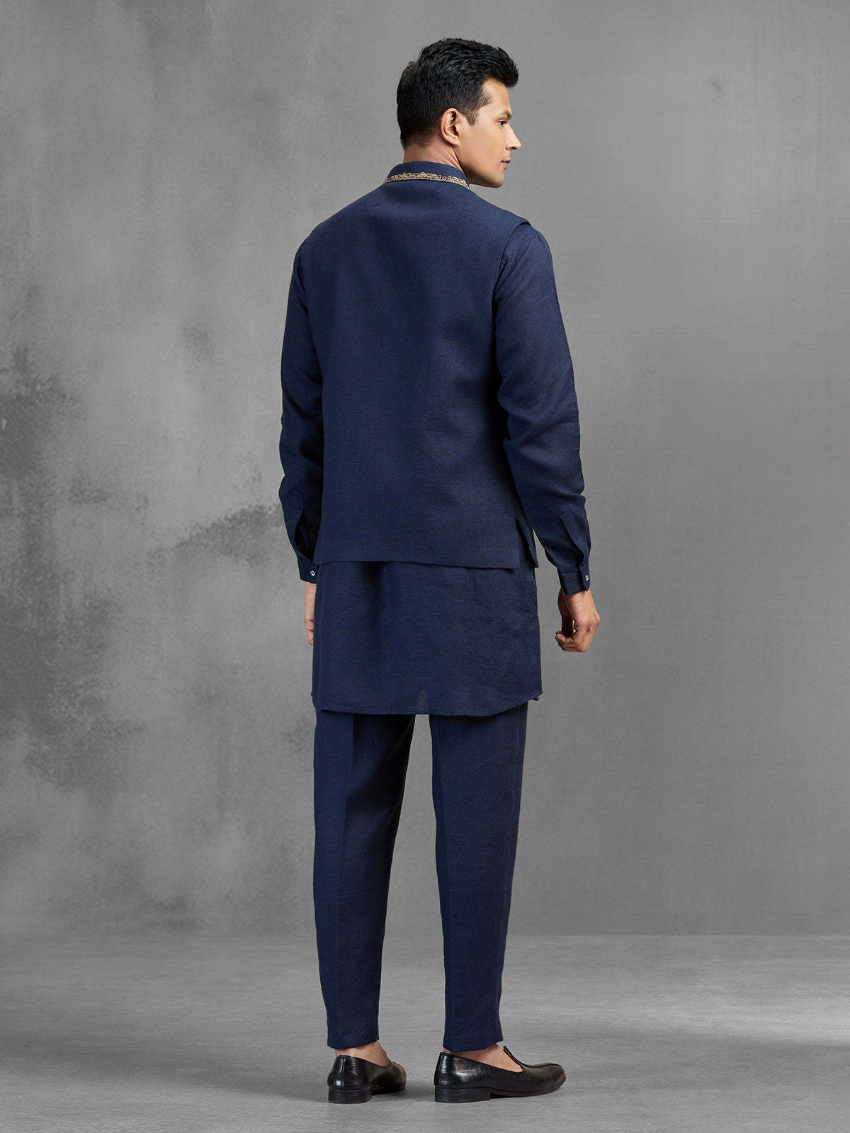 Navy blue linen crest motif embroidered waistcoat set