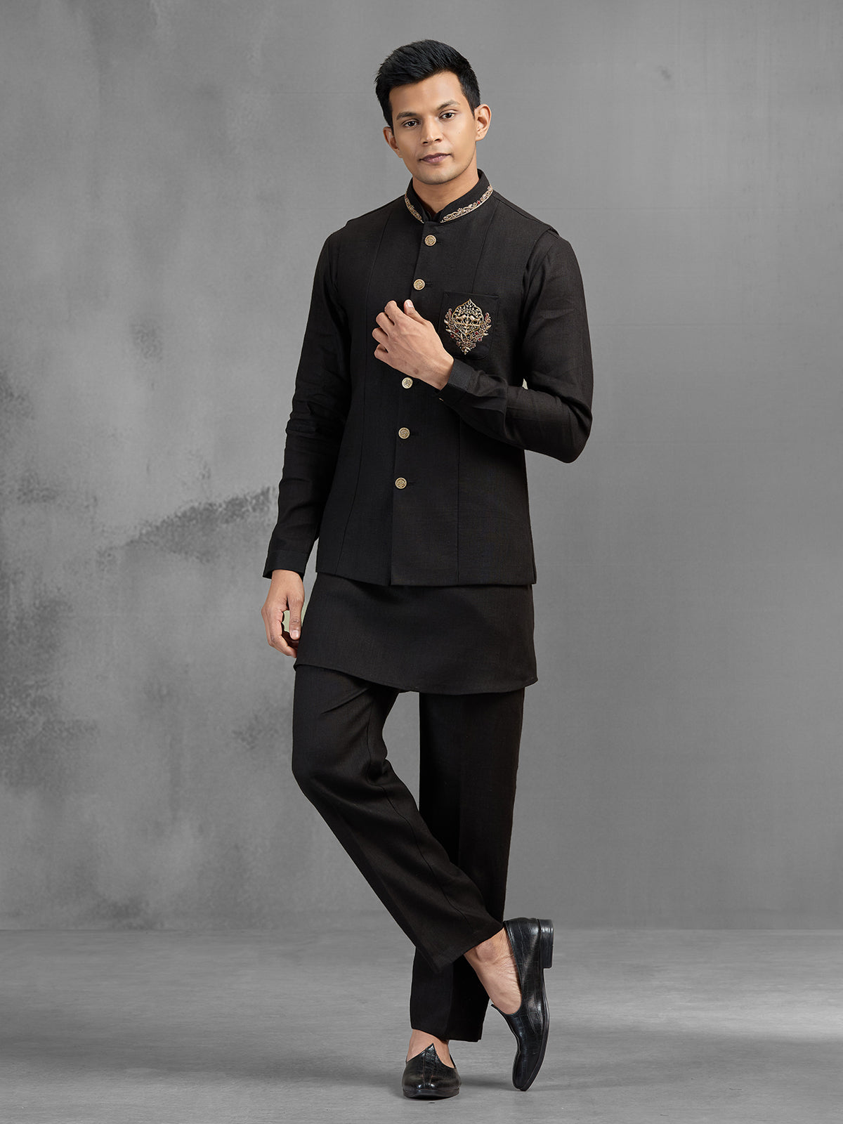 Black linen crest brooch embroidered festive waistcoat set