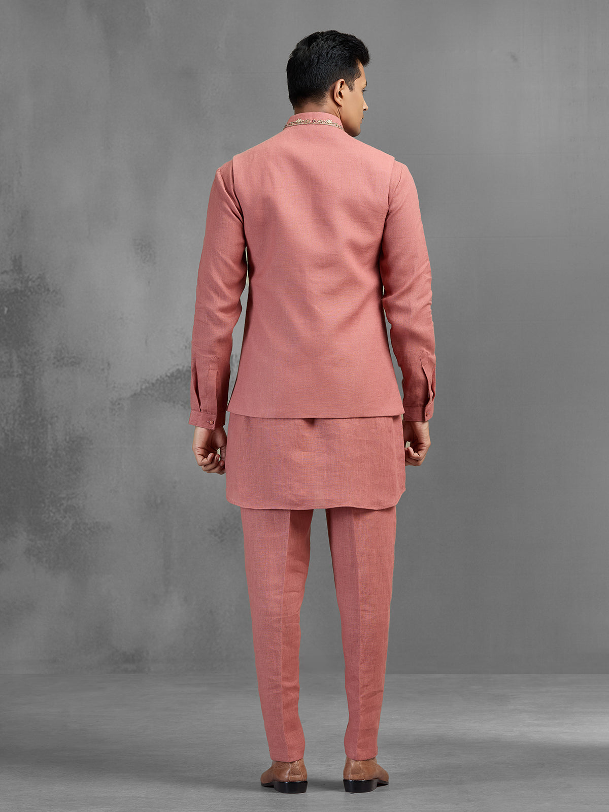 Dusky pink linen crest embroidered festive waistcoat set