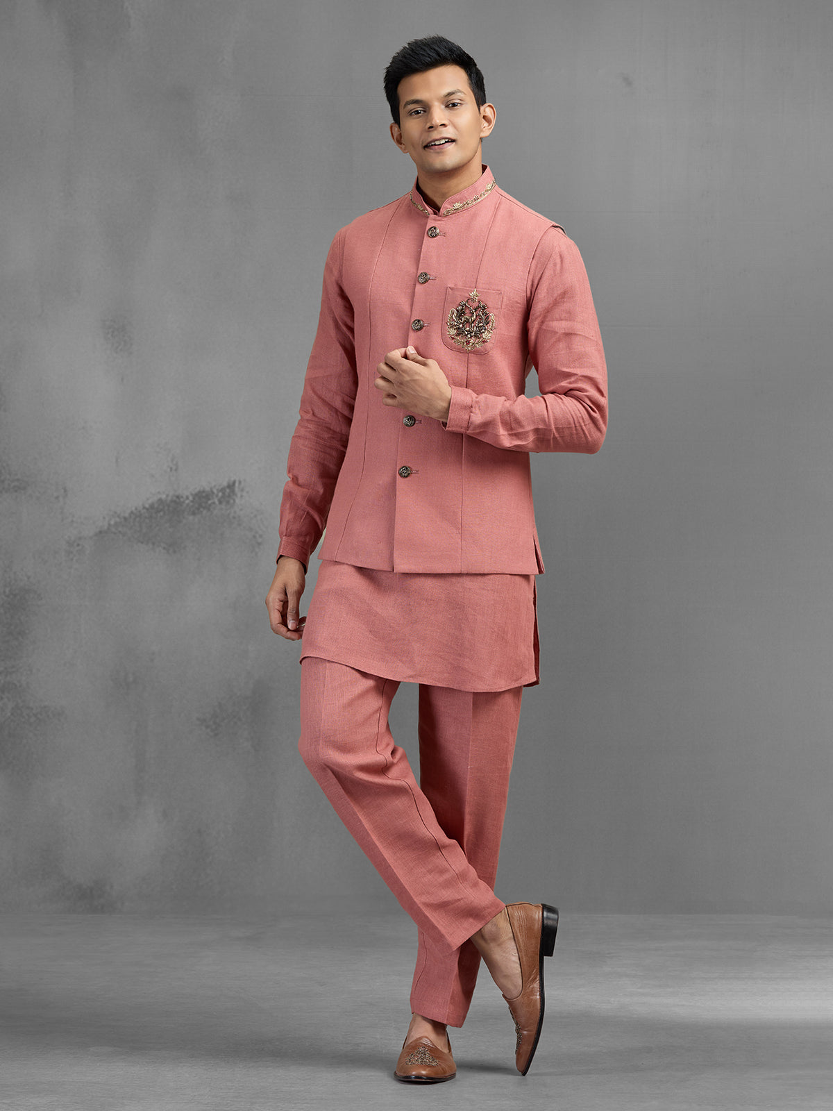 Dusky pink linen crest embroidered festive waistcoat set