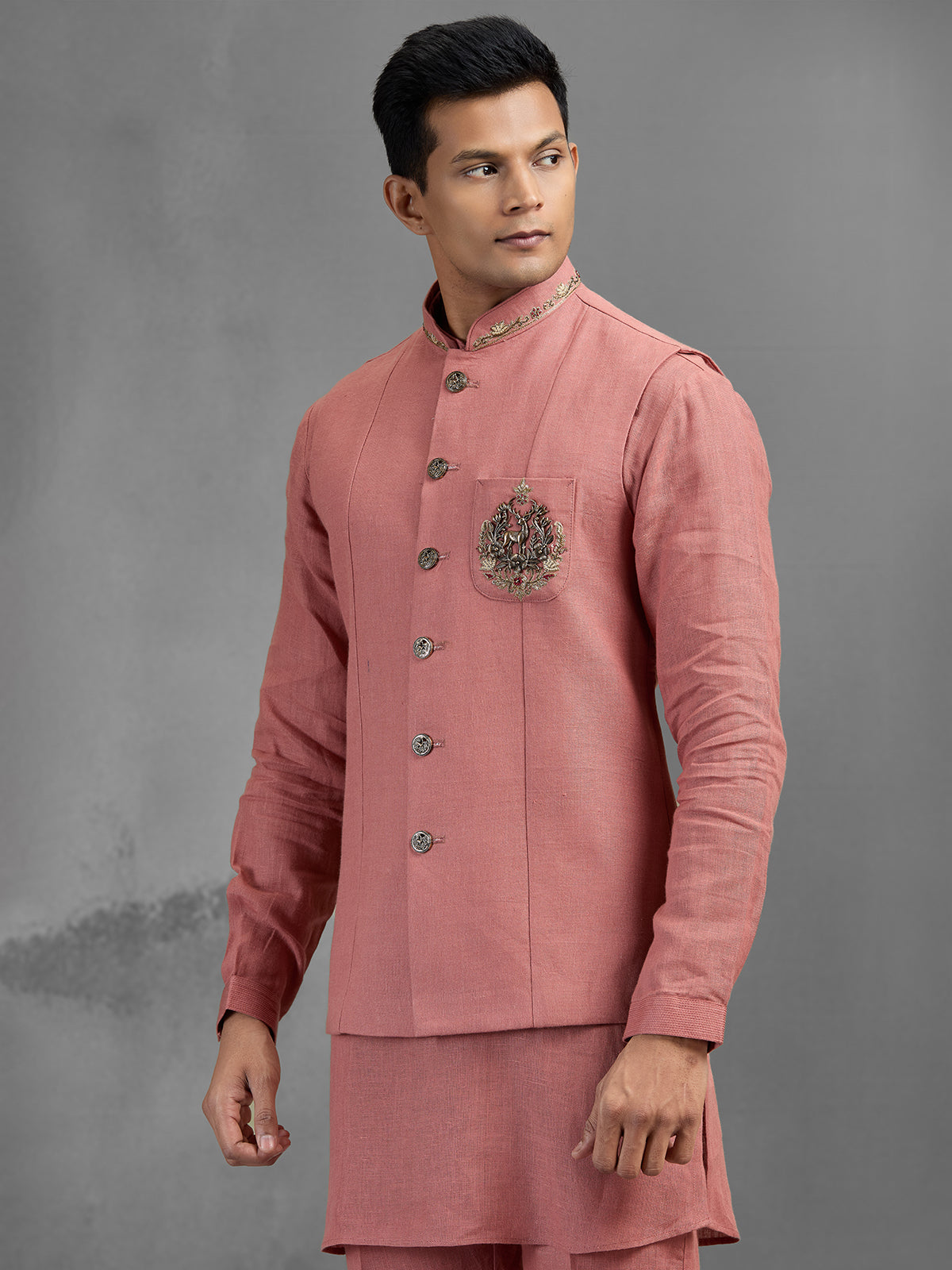Dusky pink linen crest embroidered festive waistcoat set