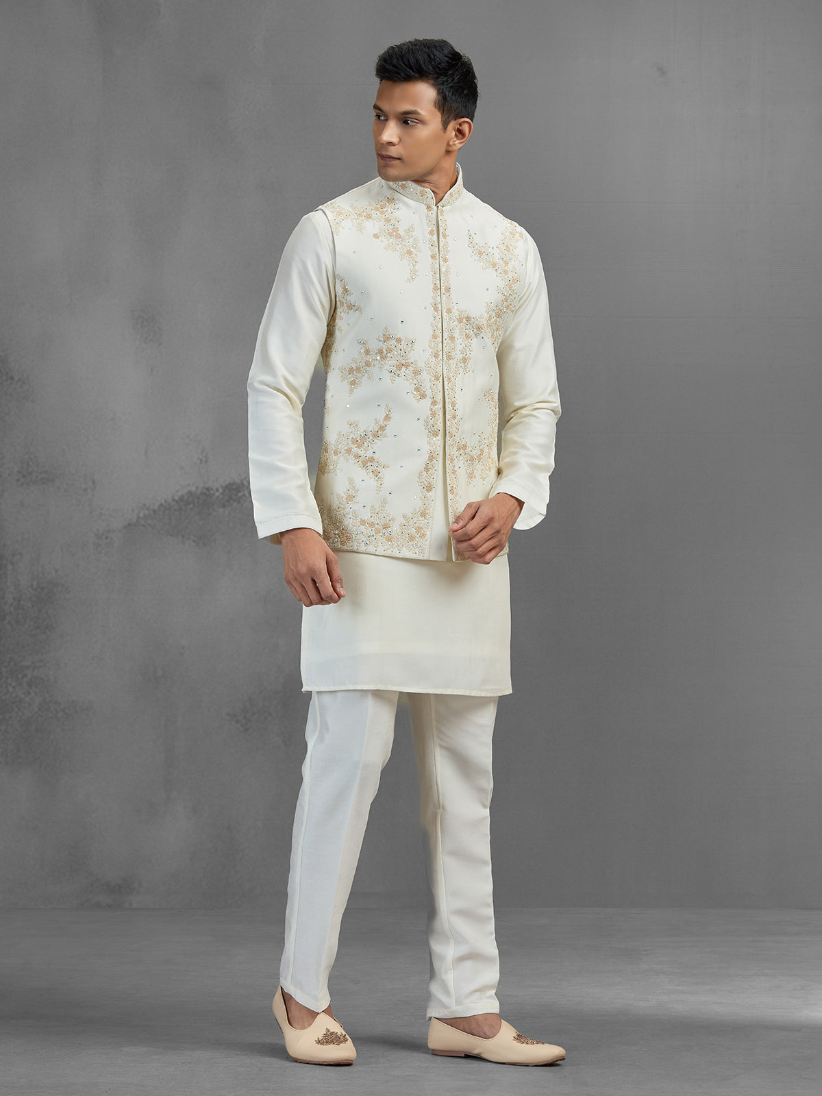 Cream linen aabla embroidered festive waistcoat set for men
