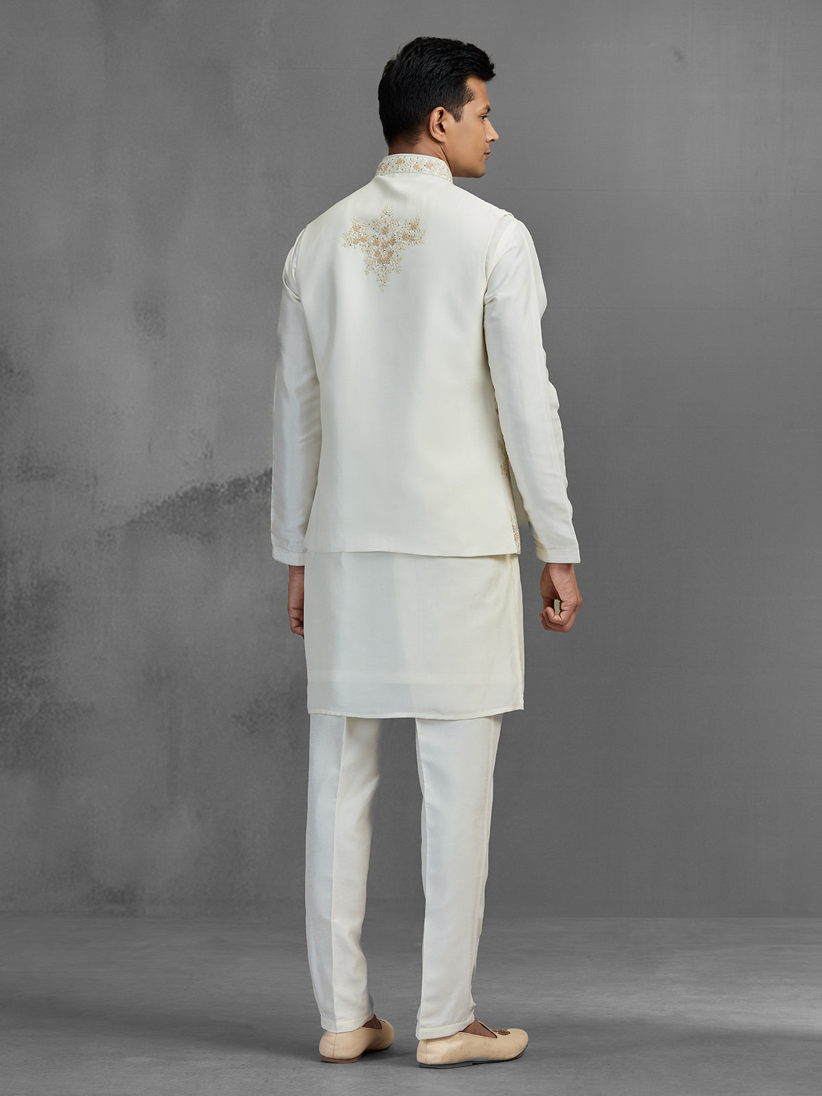 Cream linen aabla embroidered festive waistcoat set for men