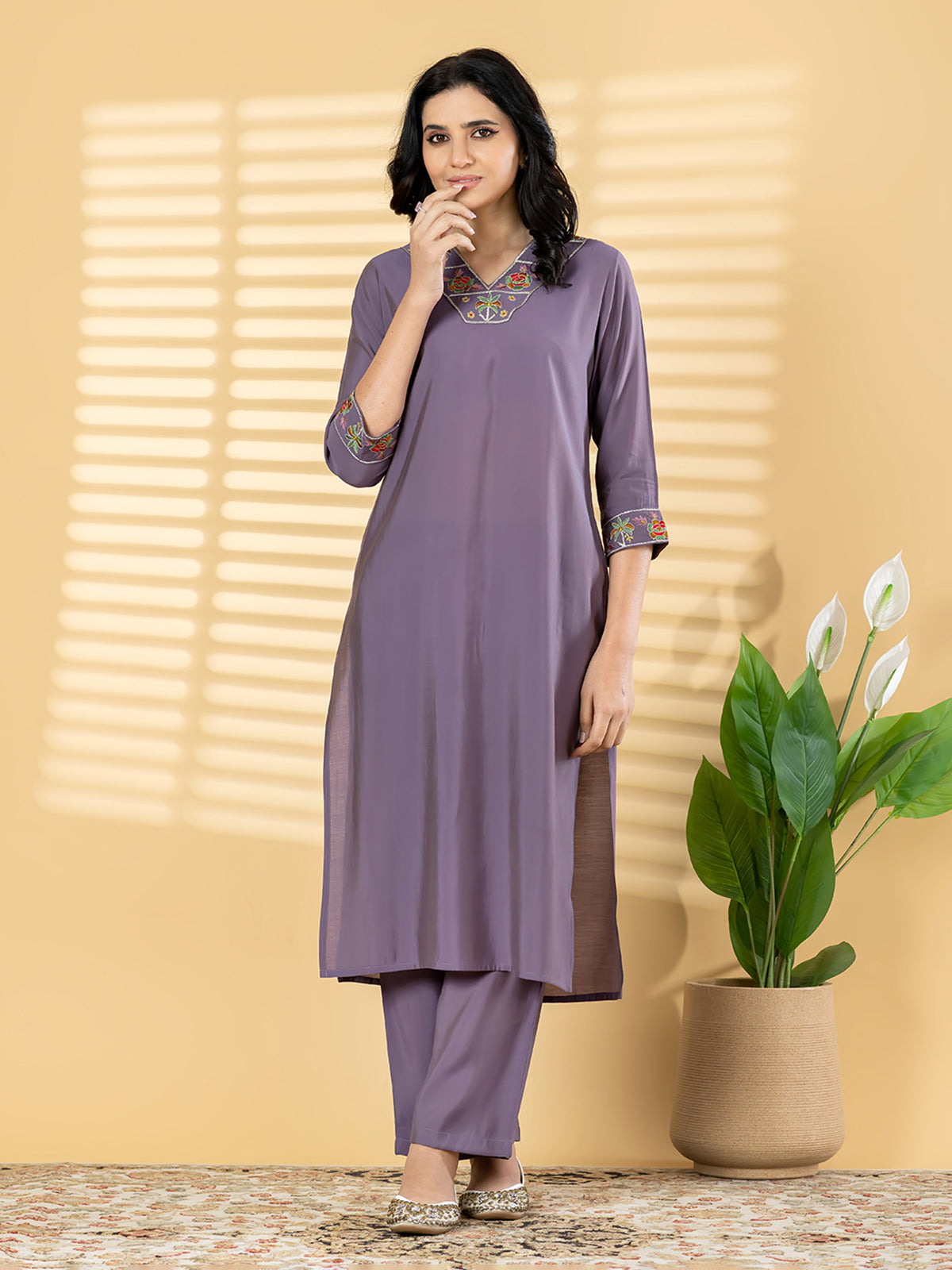 Purple silk straight cut kurti set casual elegance