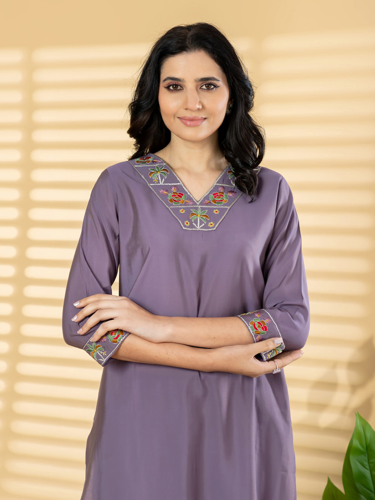 Purple silk straight cut kurti set casual elegance