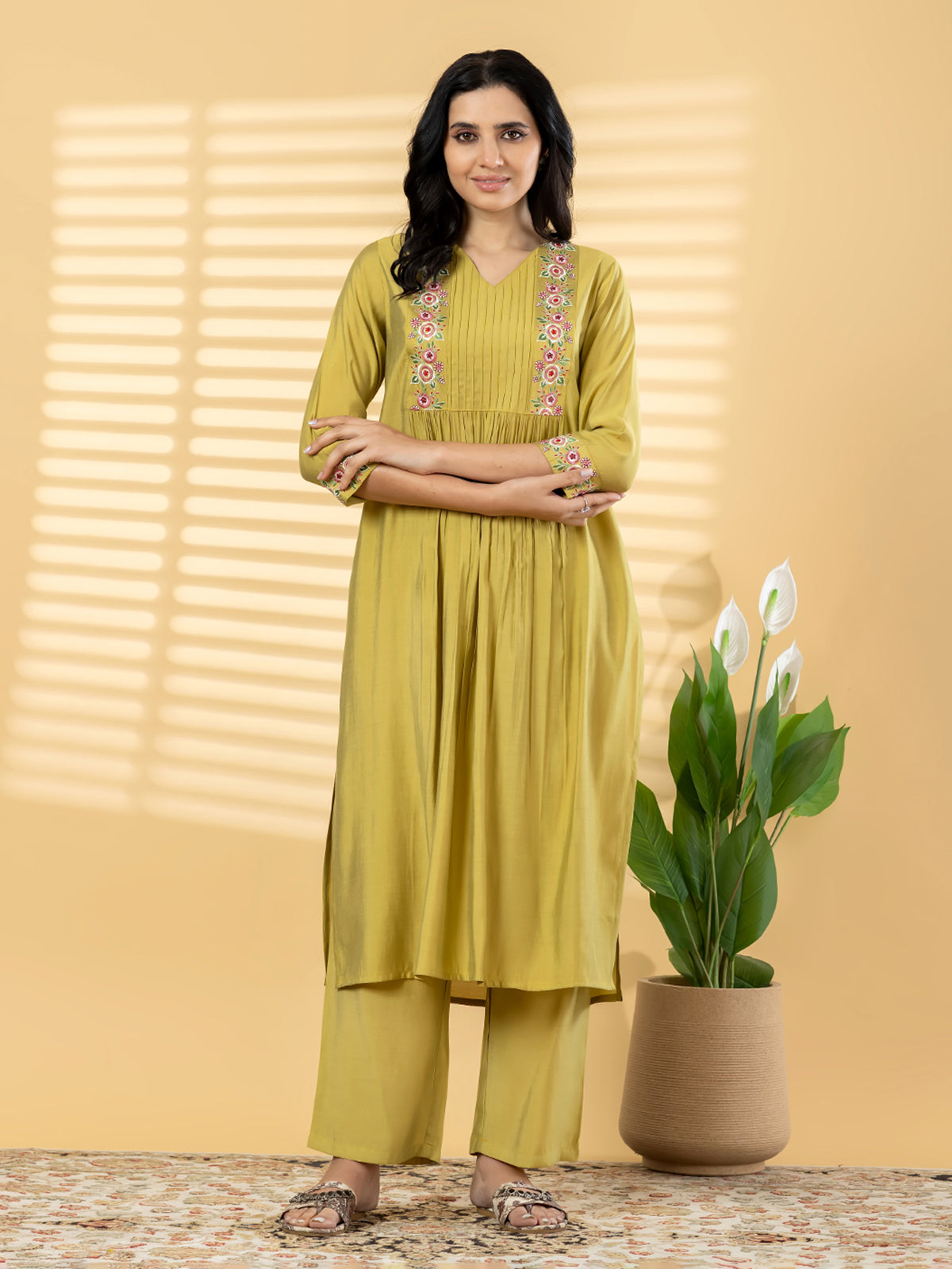 Khaki silk yoke style kurti set minimal elegance