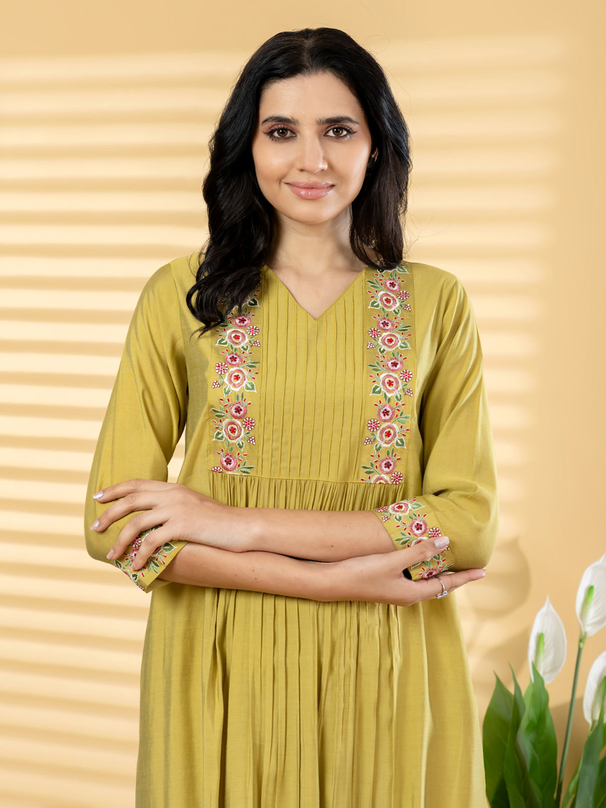 Khaki silk yoke style kurti set minimal elegance