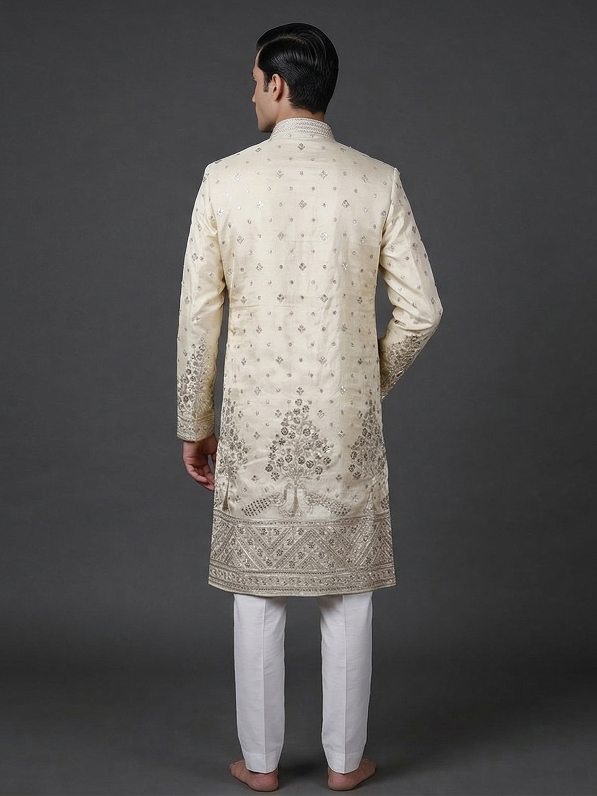 Beige silk embroidered work festive mandarin collar kurta suit