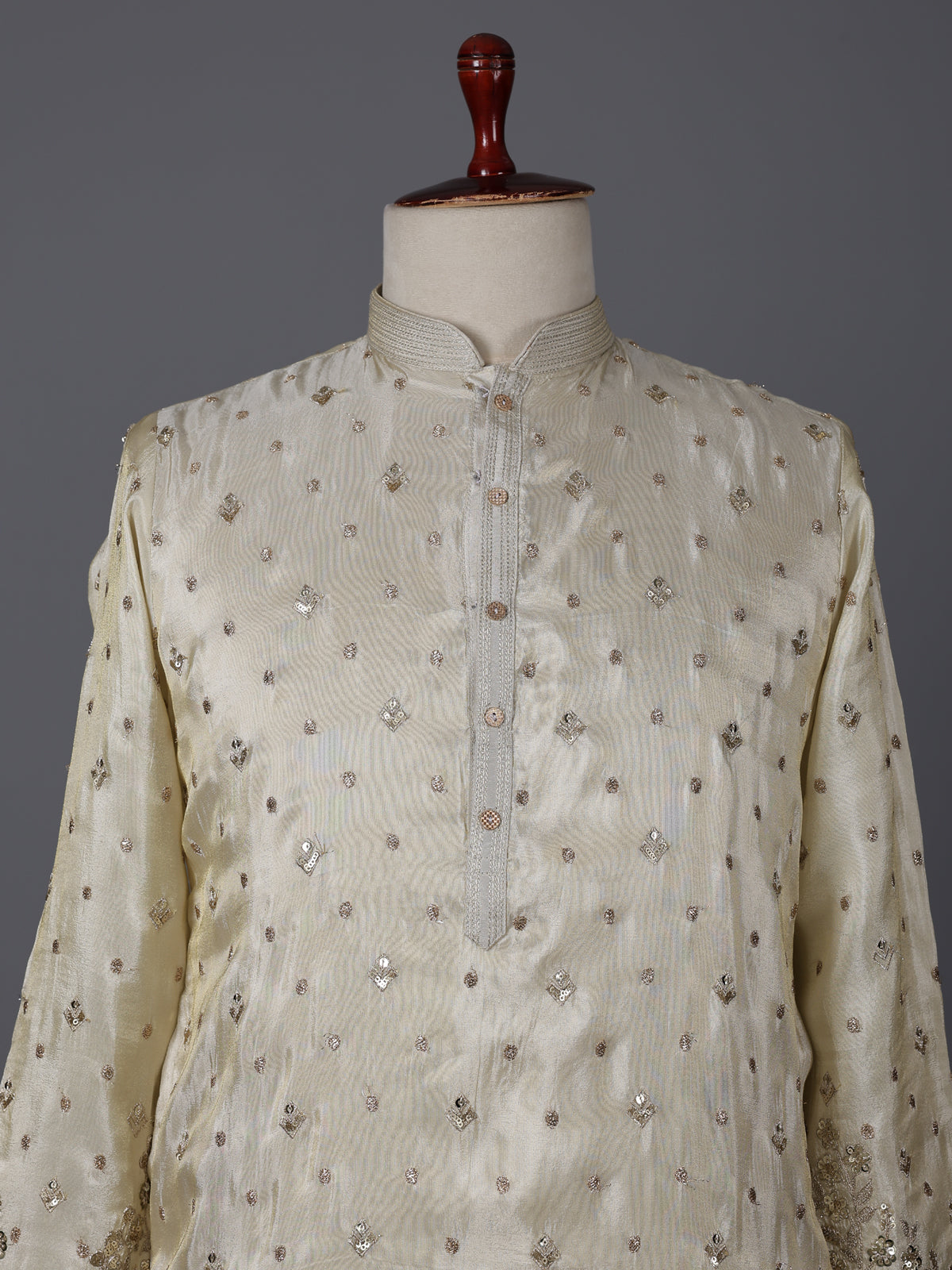 Beige silk embroidered work festive mandarin collar kurta suit