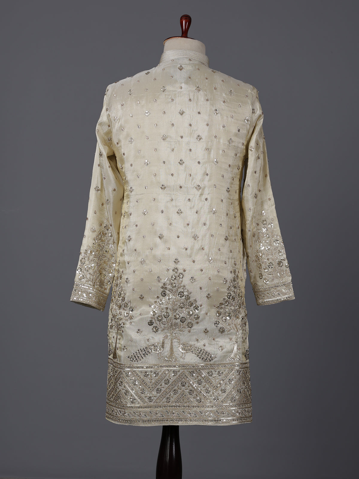 Beige silk embroidered work festive mandarin collar kurta suit