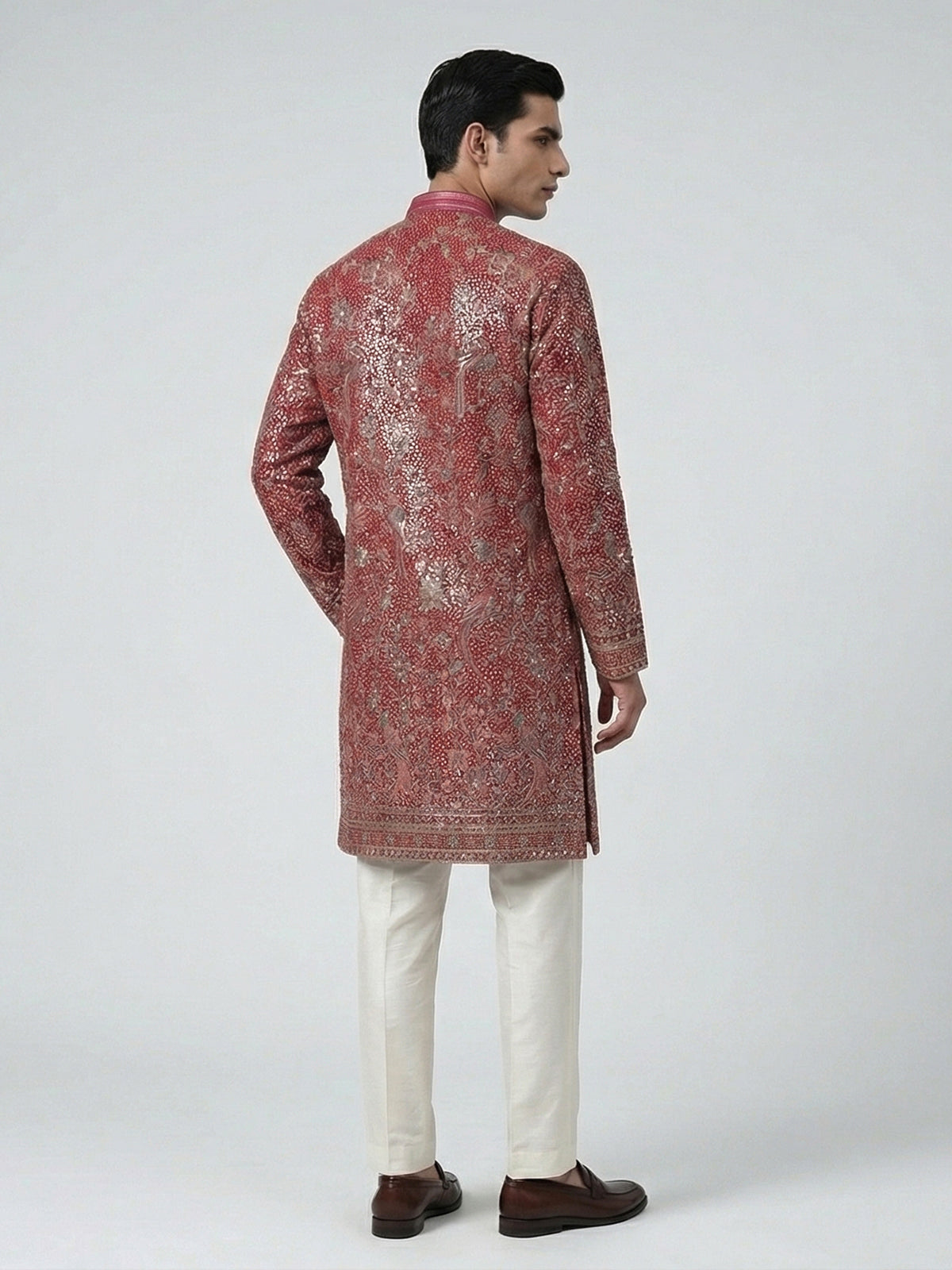 Red georgette embroidered work festive mandarin kurta suit