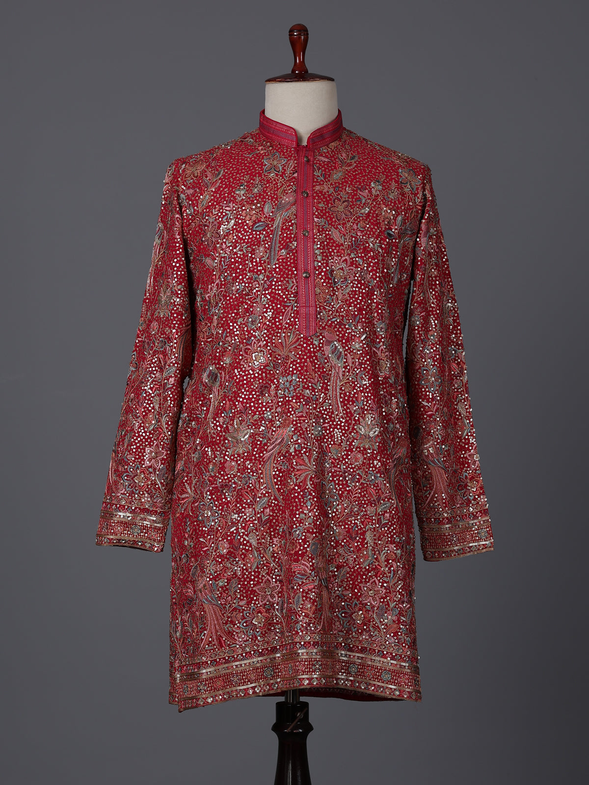 Red georgette embroidered work festive mandarin kurta suit