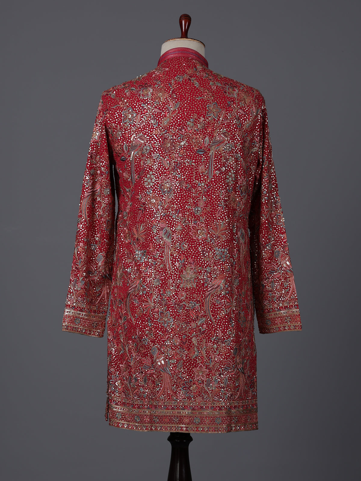 Red georgette embroidered work festive mandarin kurta suit