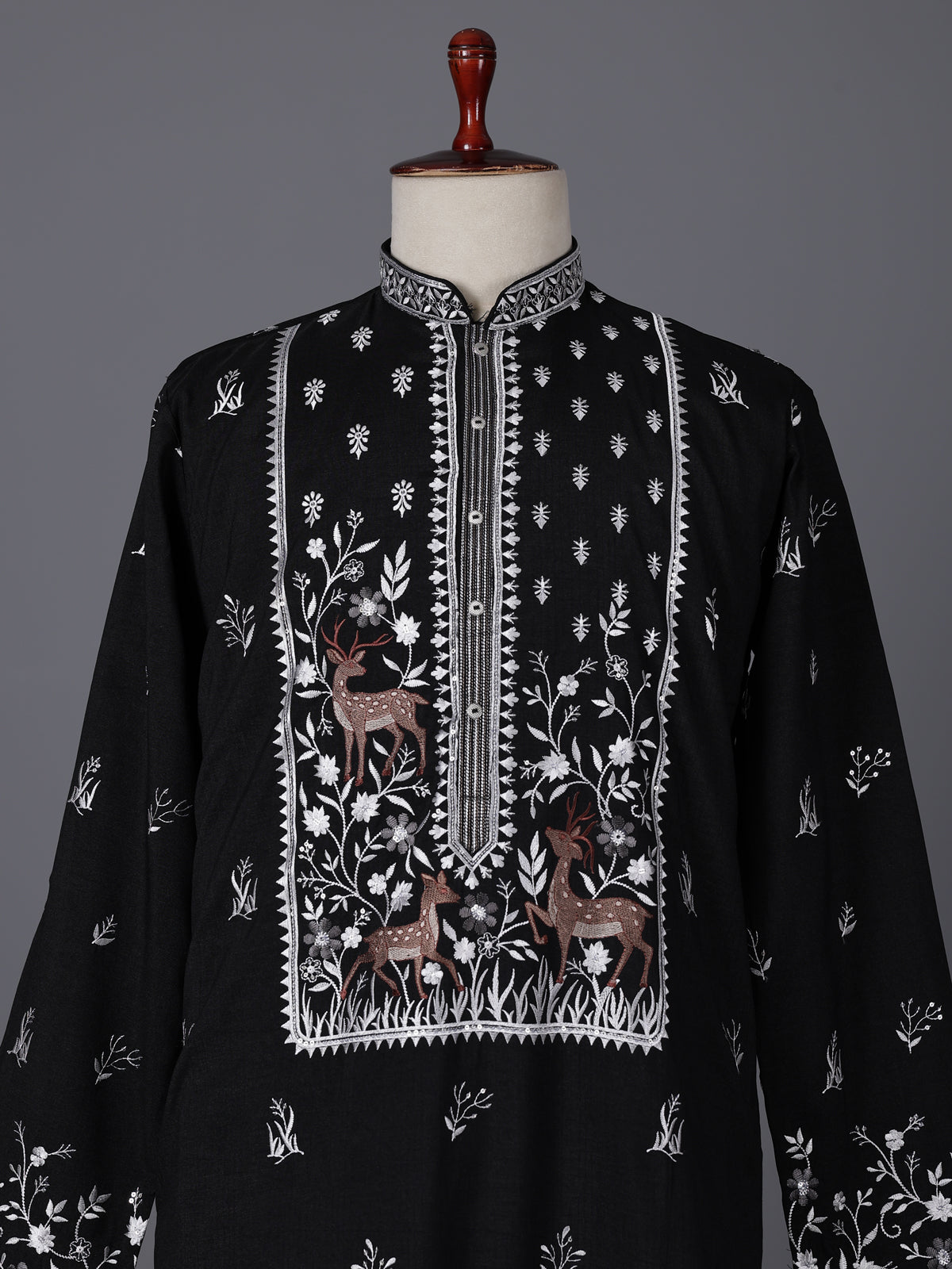 Black silk embroidered work festive mandarin collar kurta suit