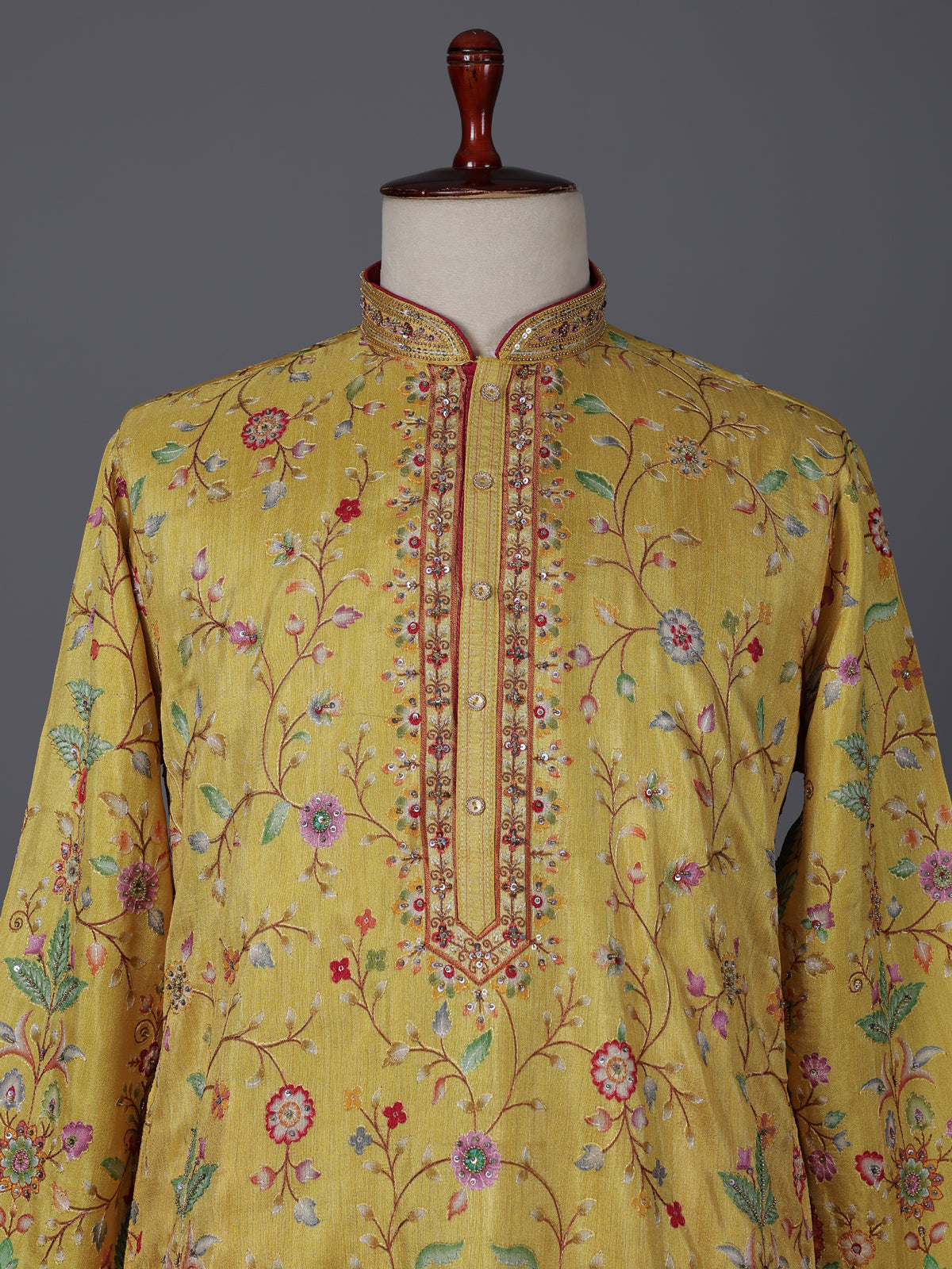 Yellow silk floral embroidered haldi special kurta suit