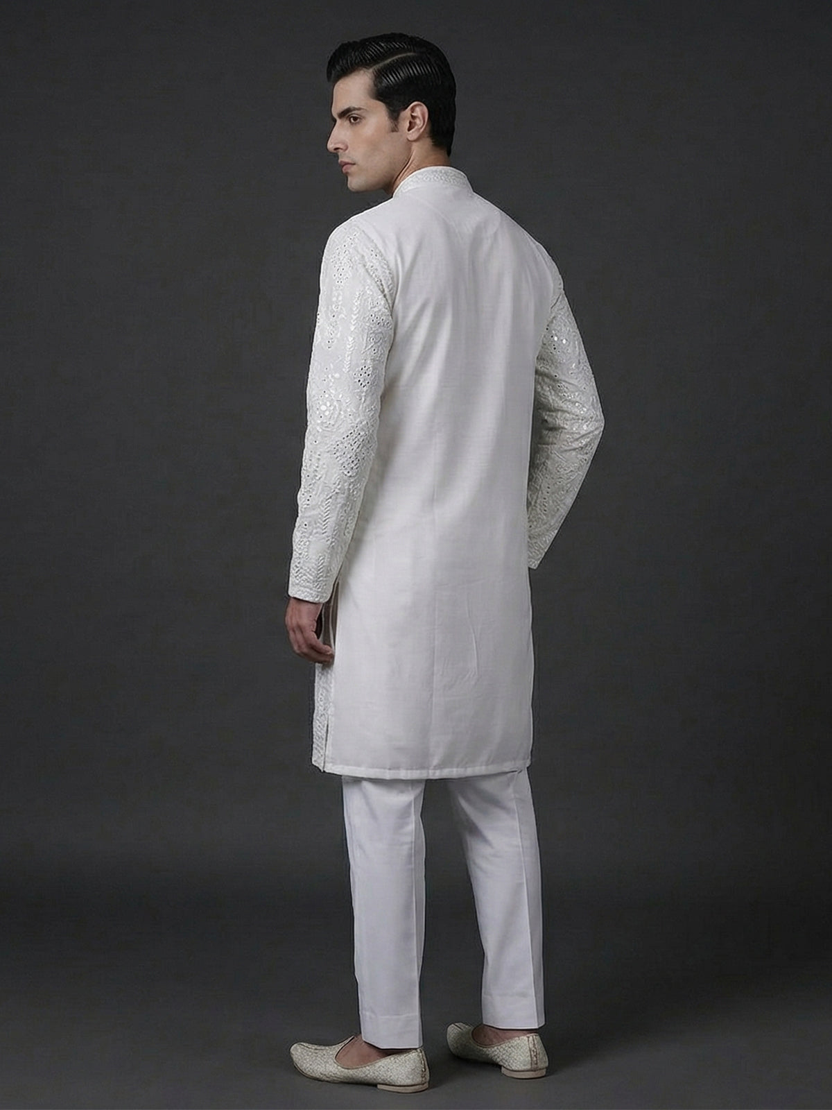 White cotton silk embroidered work festive kurta suit