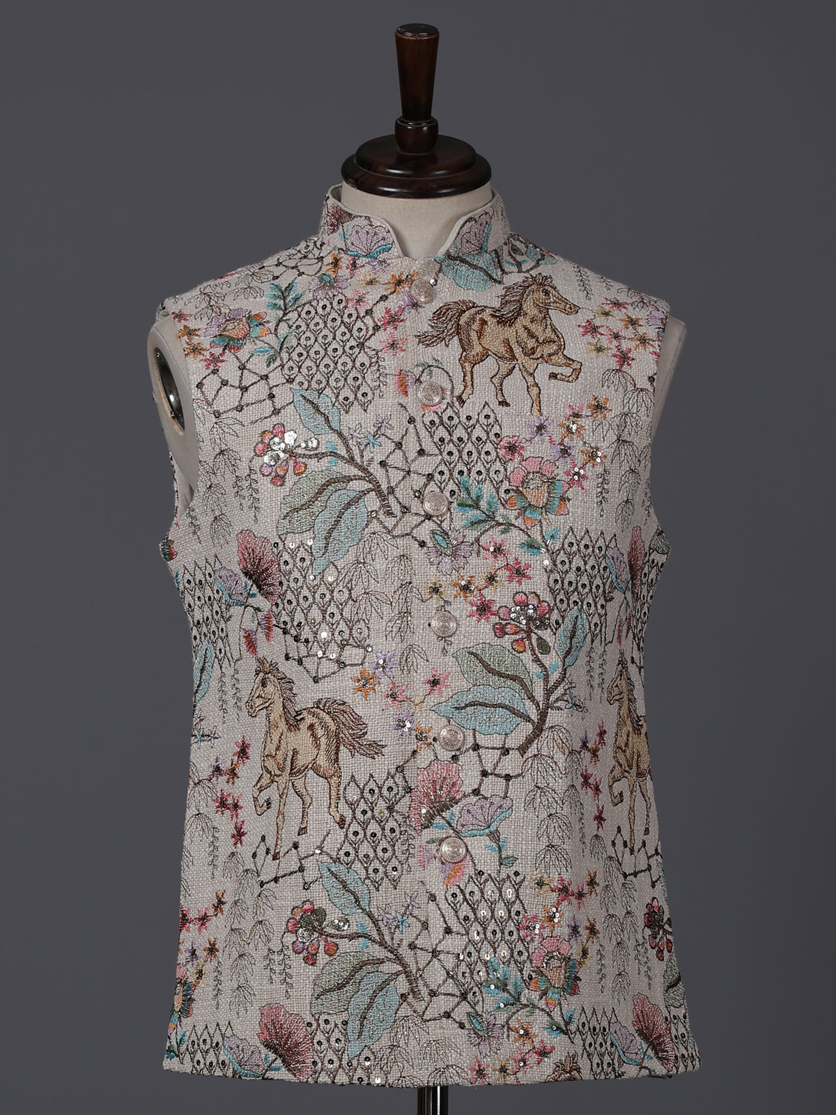 Cream jute thread sequin embellished festive waistcoat