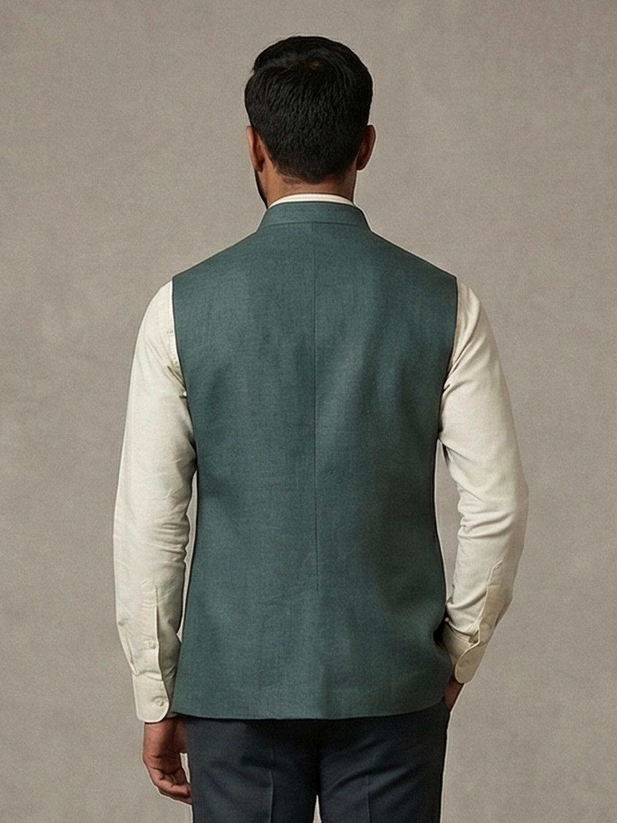 Dark green linen heavily embellished waistcoat with brooch