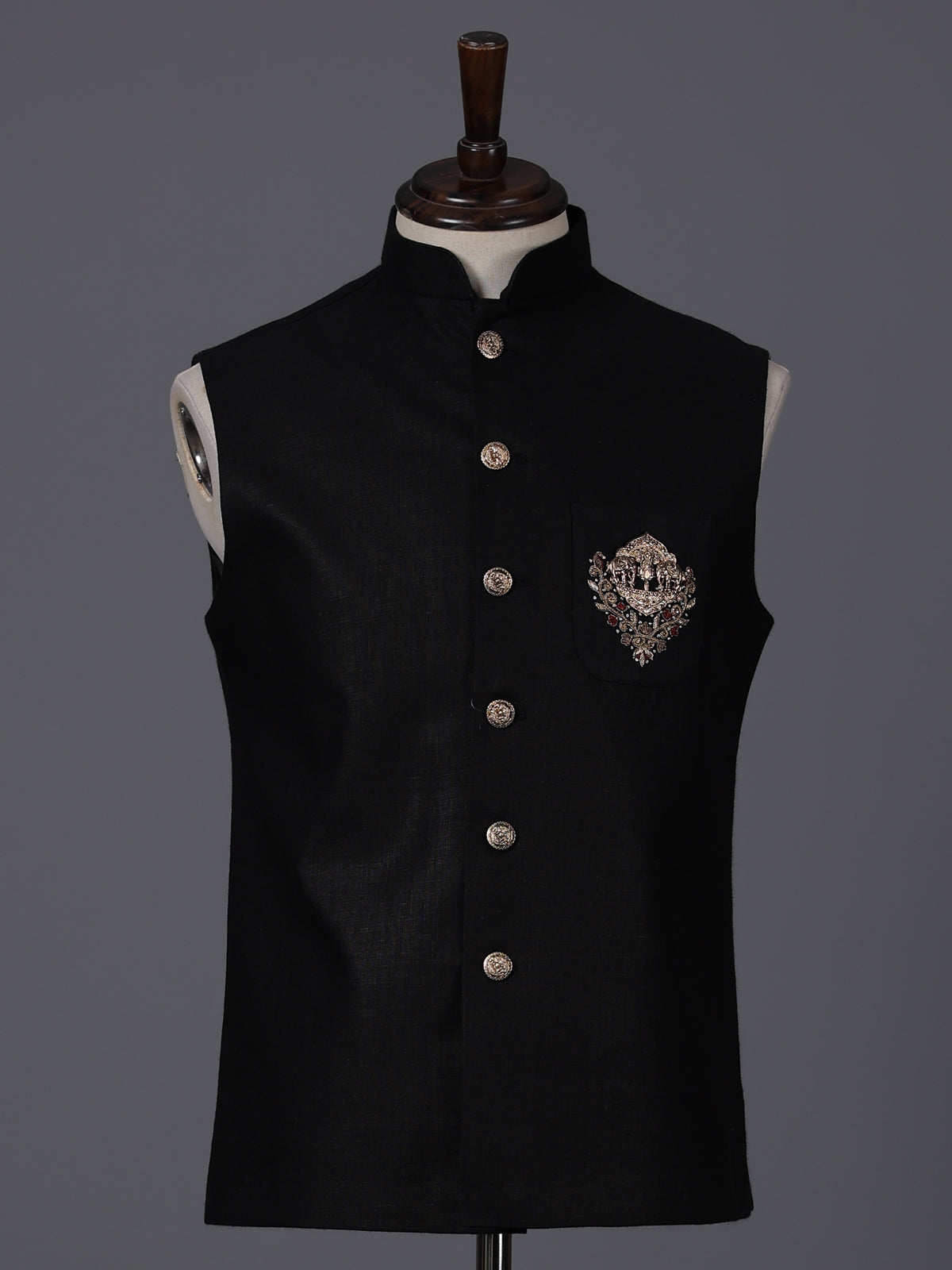Black cotton embellished waistcoat with brooch for festive