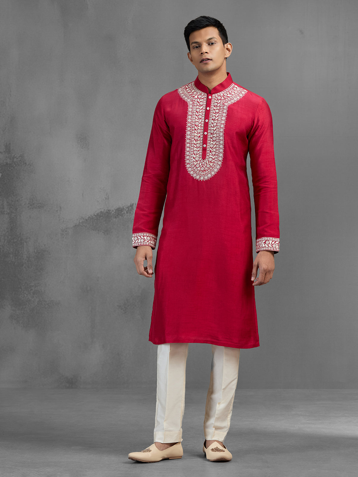Magenta silk geometric embroidered statement kurta suit