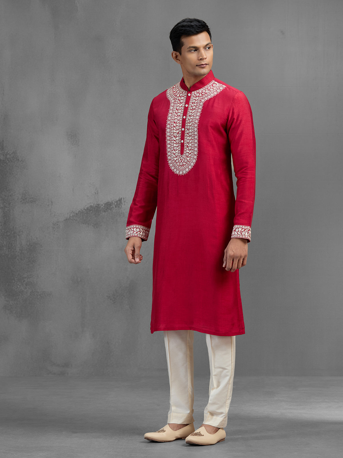 Magenta silk geometric embroidered statement kurta suit