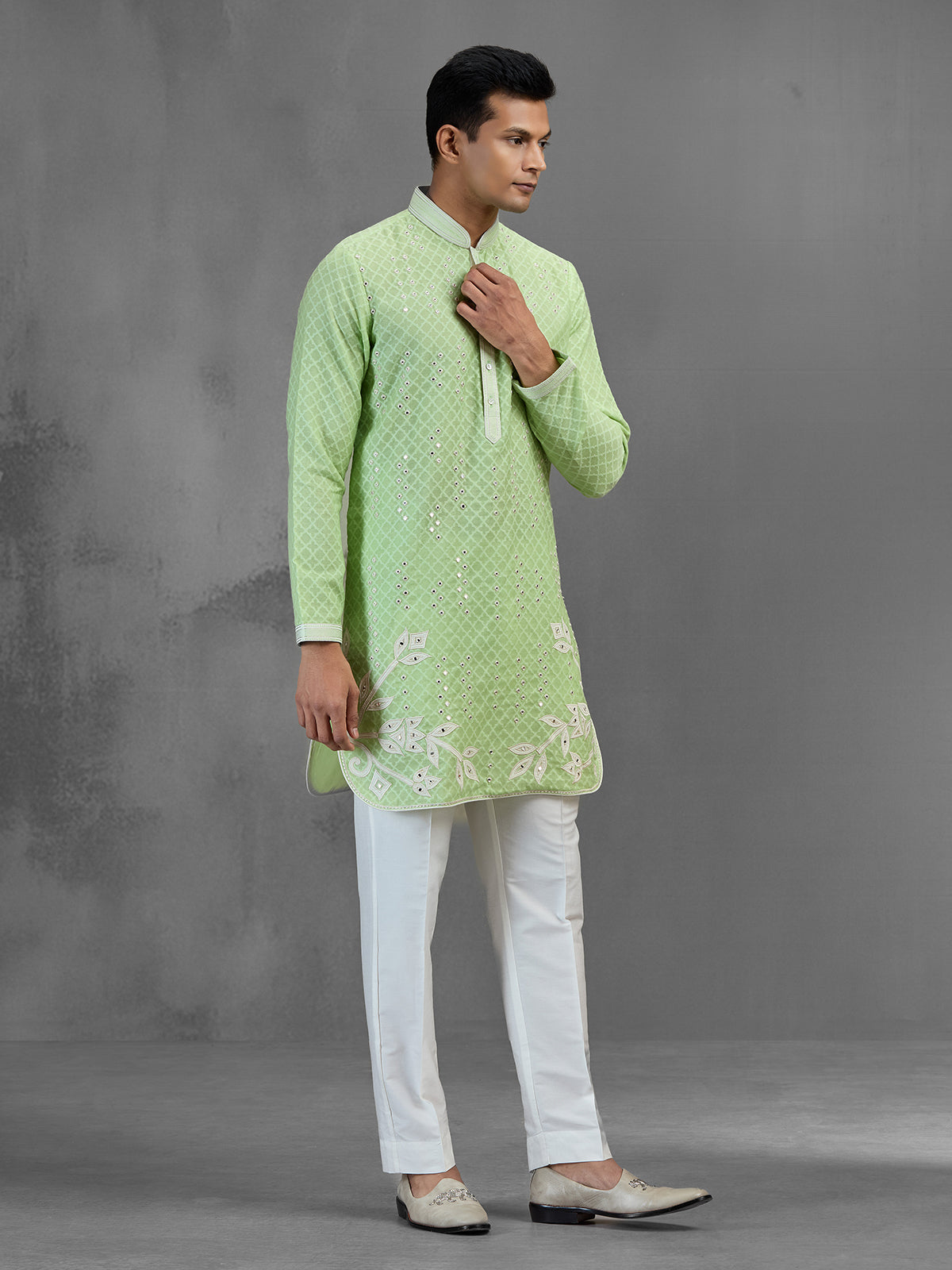 Pista green chikankari festive banarasi silk kurta pajama
