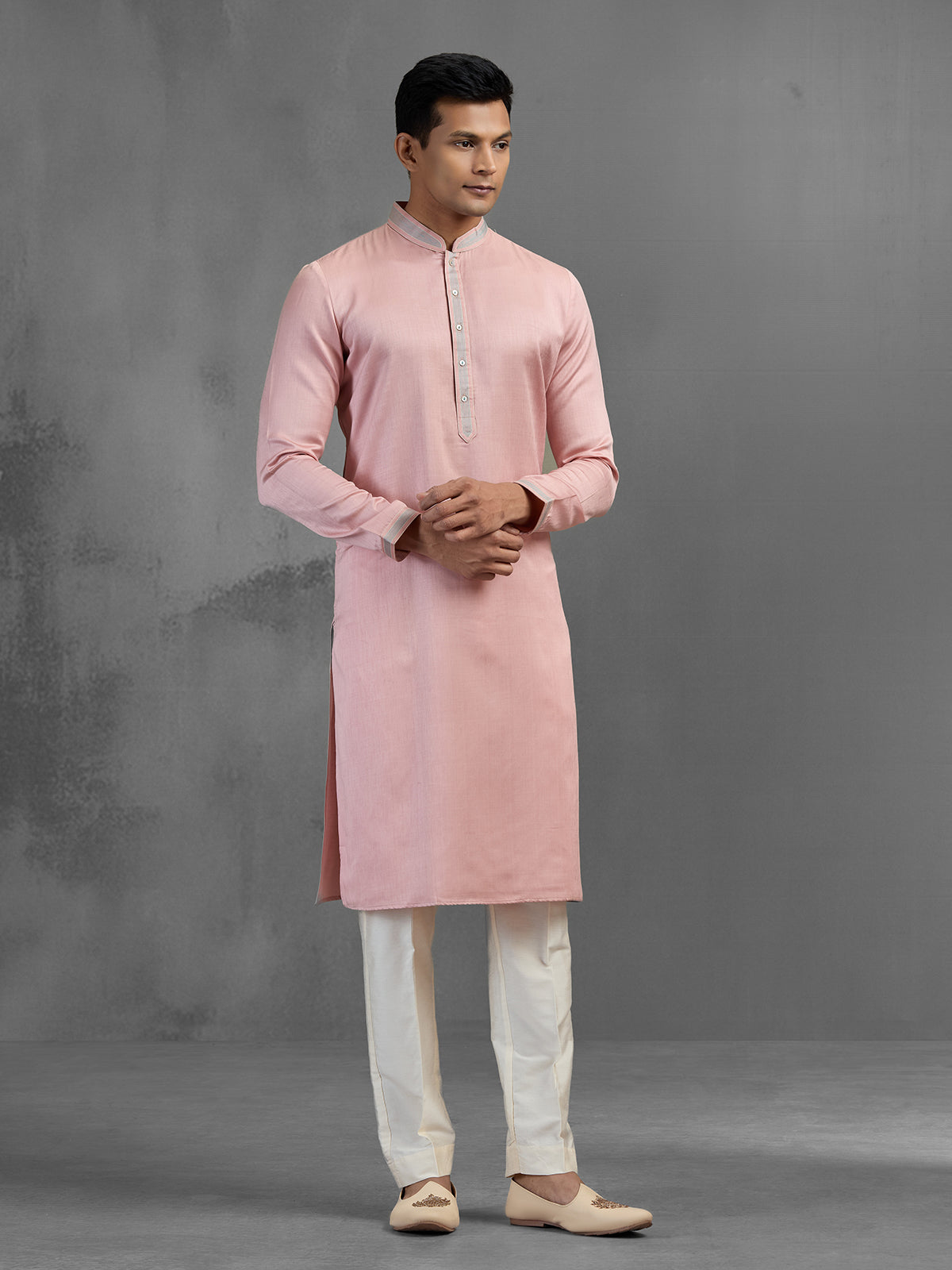 Light pink soft silk subtle festive threadwork kurta pajama