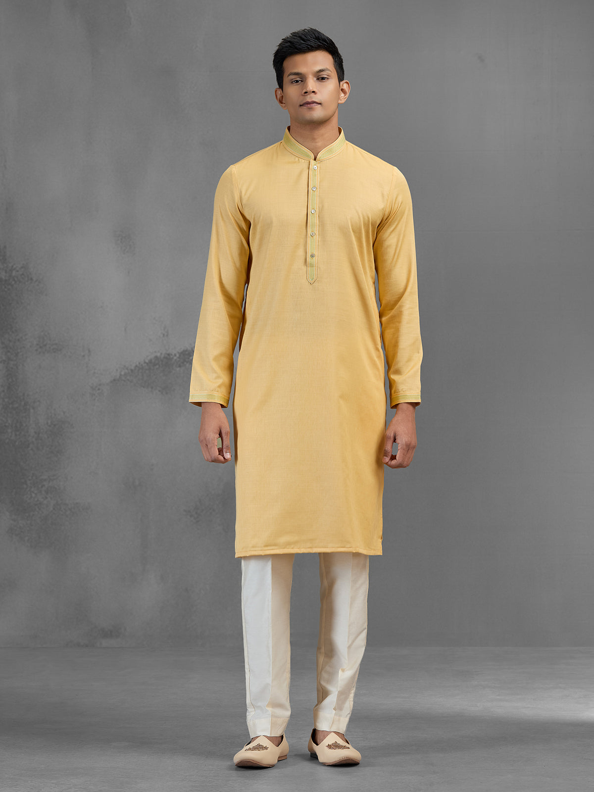 Yellow soft silk festive thread embroidered kurta suit