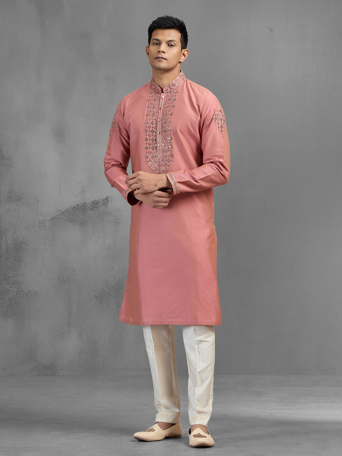 Dark pink banarasi silk stone embellished festive kurta suit