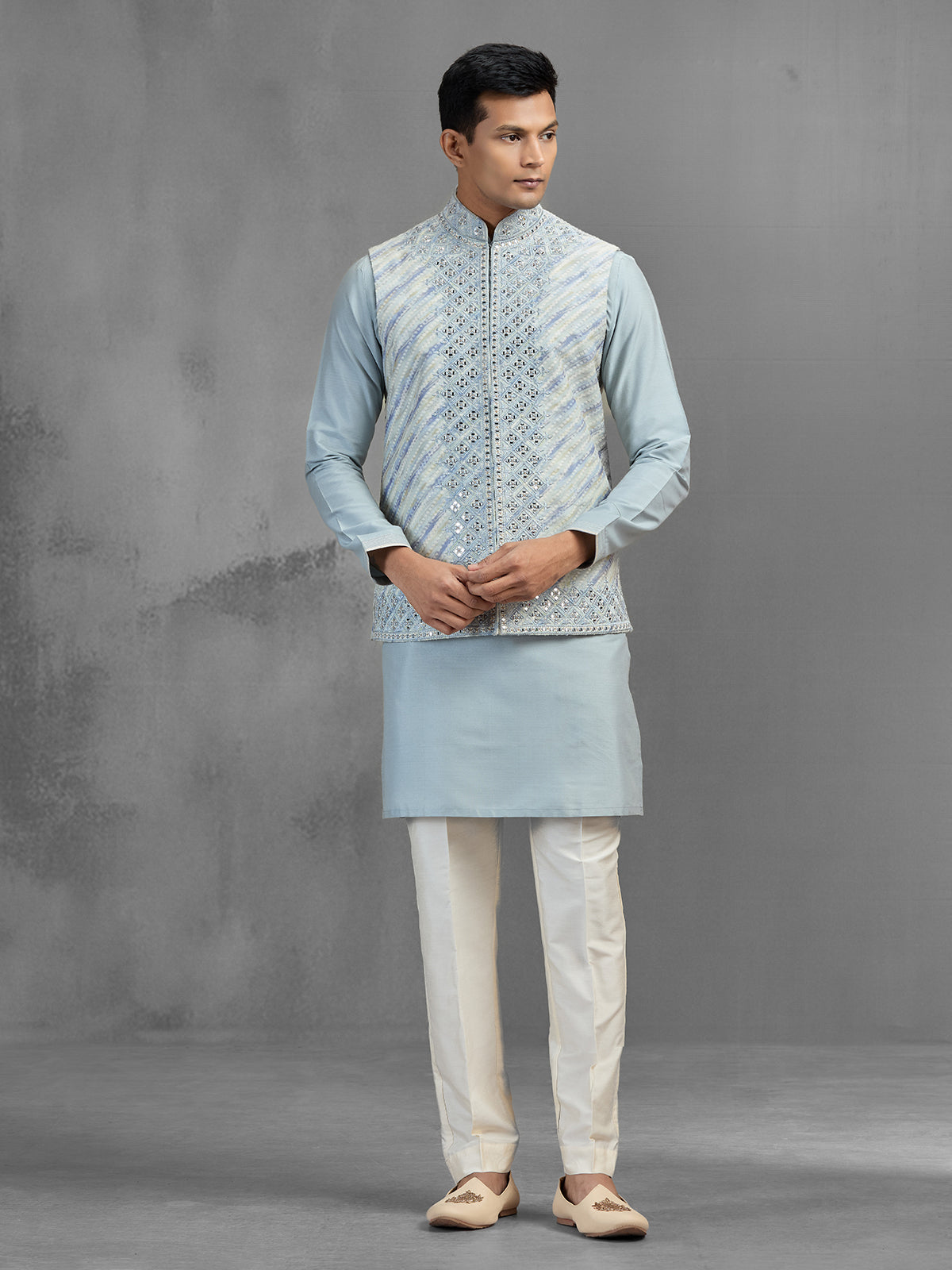Blue silk floral jaal embroidered festive waistcoat set