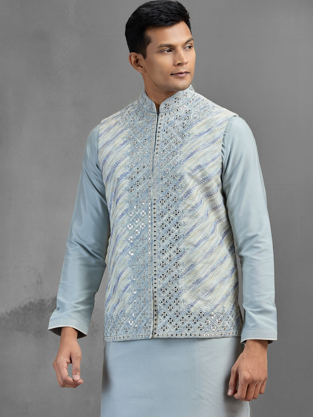 Blue silk floral jaal embroidered festive waistcoat set