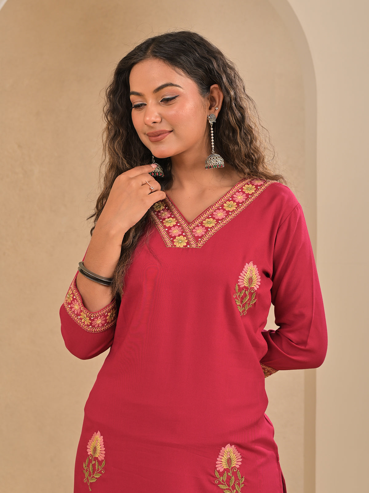 Maroon silk embroidered v neck casual kurti