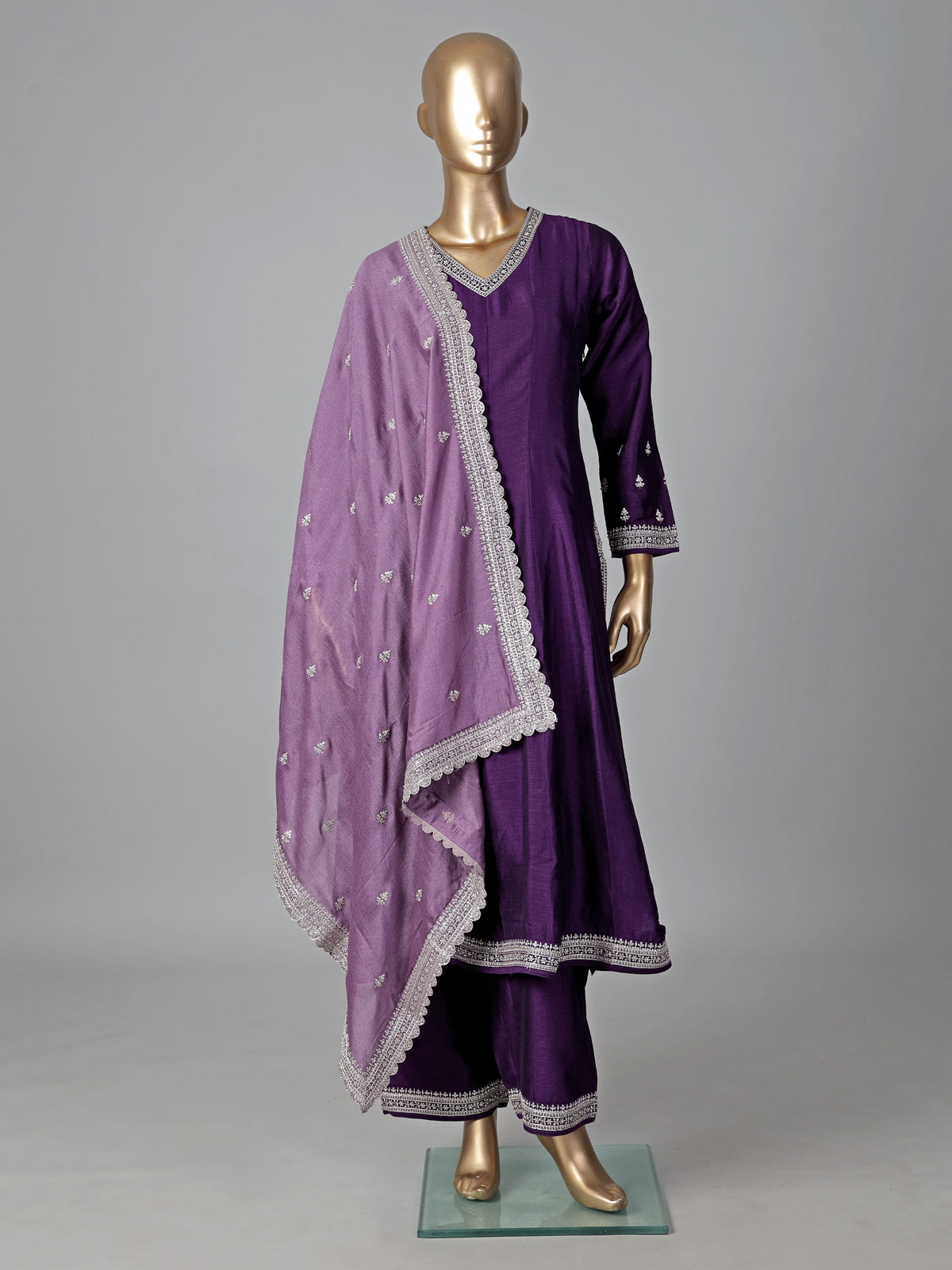 Purple silk anarkali suit festive elegance
